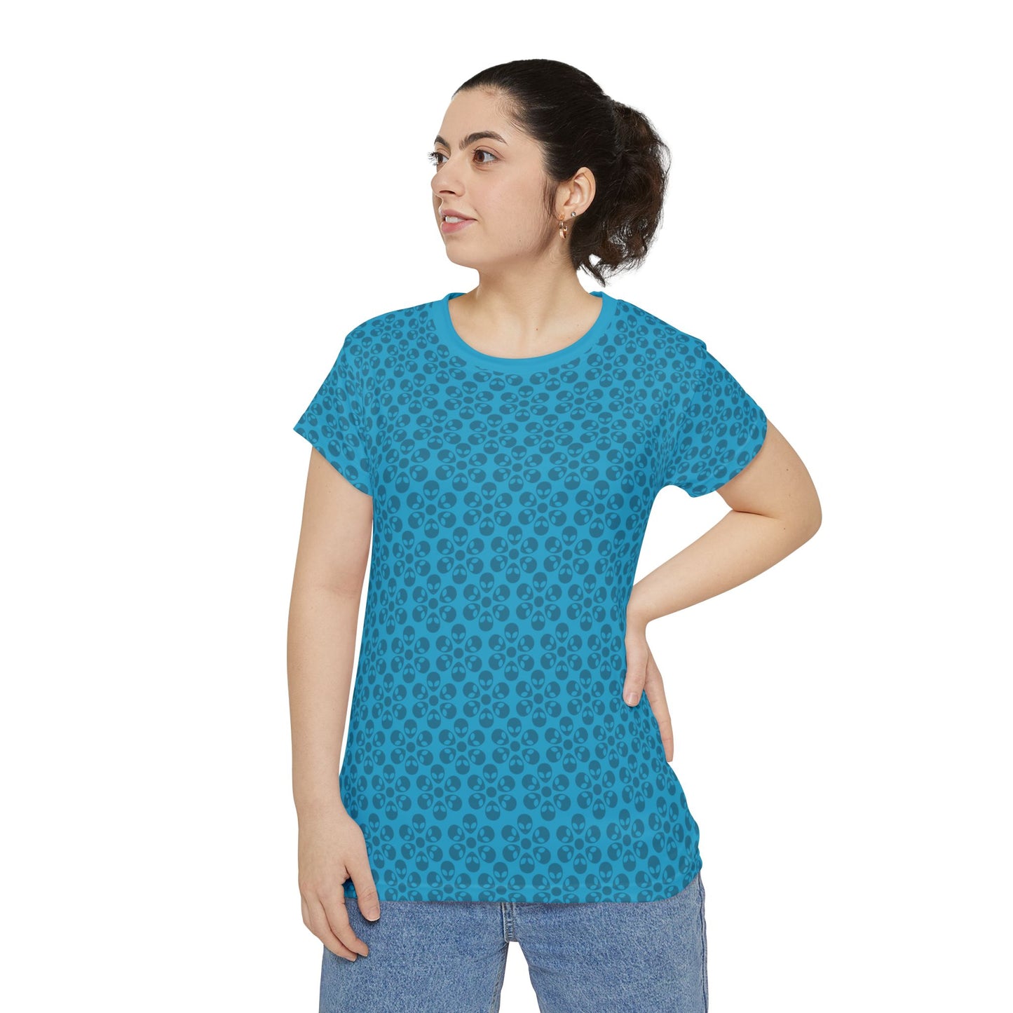 Womens Short Sleeve Shirt Alien Flowers Turquoise