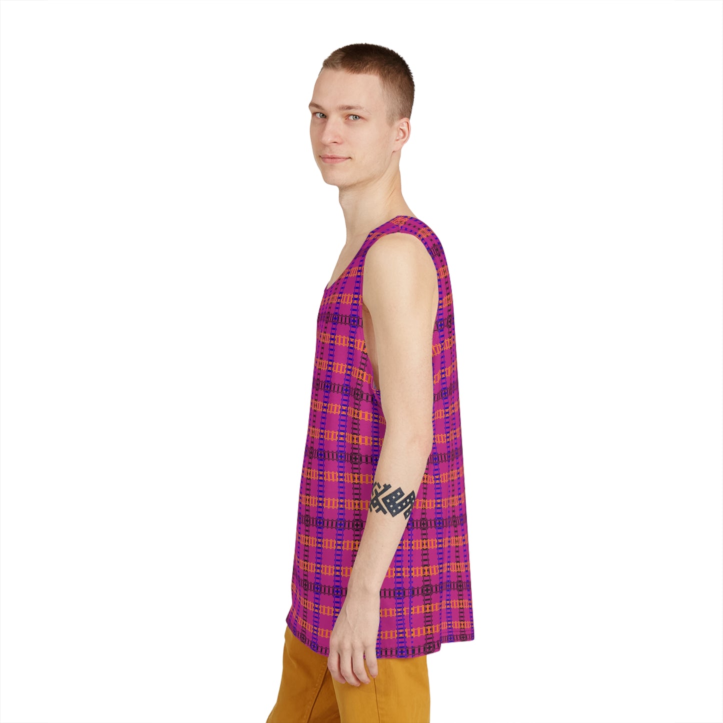 Plaid Mens Tank Top Casual Summer Wear Beach Attire Festival Outfit Comfortable Layering Piece Train Tracks Pink