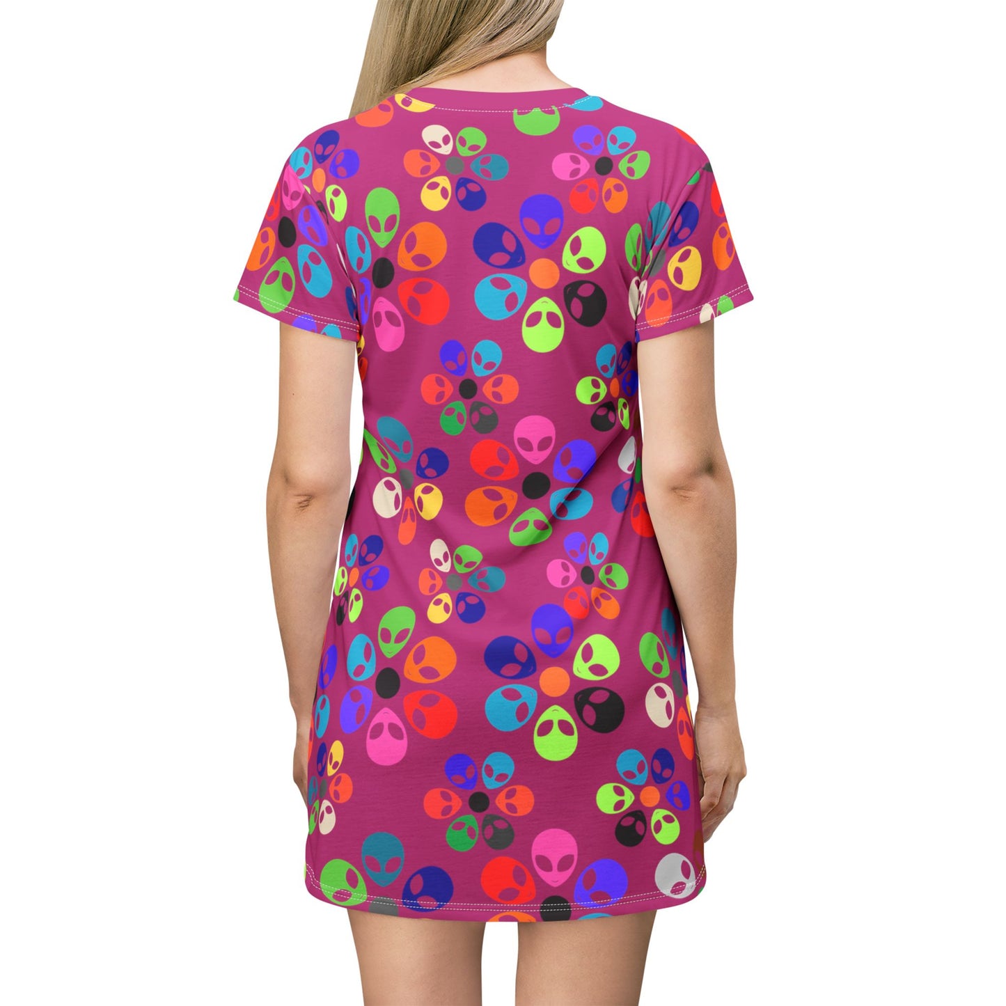 Colorful Alien TShirt Dress | Fun Casual Wear Summer Dress Festival Outfit Gift for UFO Lovers Unique Print Alien Rainbow Flowers Pink