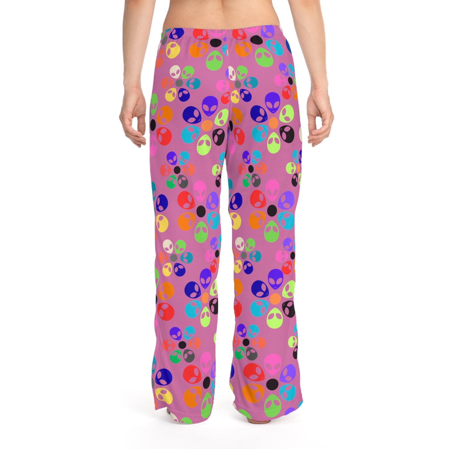 Colorful Alien Print Womens Pajama Pants Fun Loungewear Sleepwear for Alien Lovers Great Gift for Birthdays Relaxation Alien Rainbow Flowers Light Pink