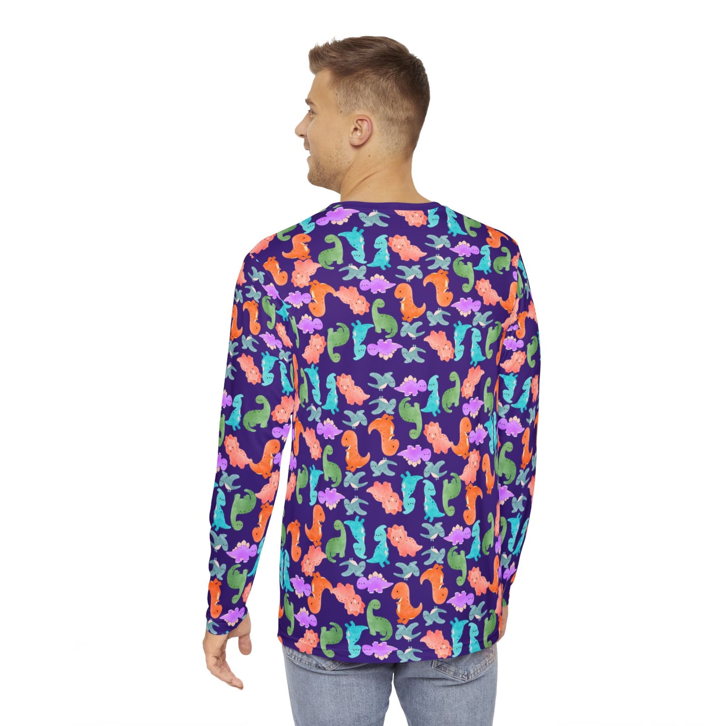 Cute Dino Print Mens Long Sleeve Shirt AOP Tee Tropical Beachwear Gift for Sea Lovers Summer Shirts for Men Rainbow Dinos Purple