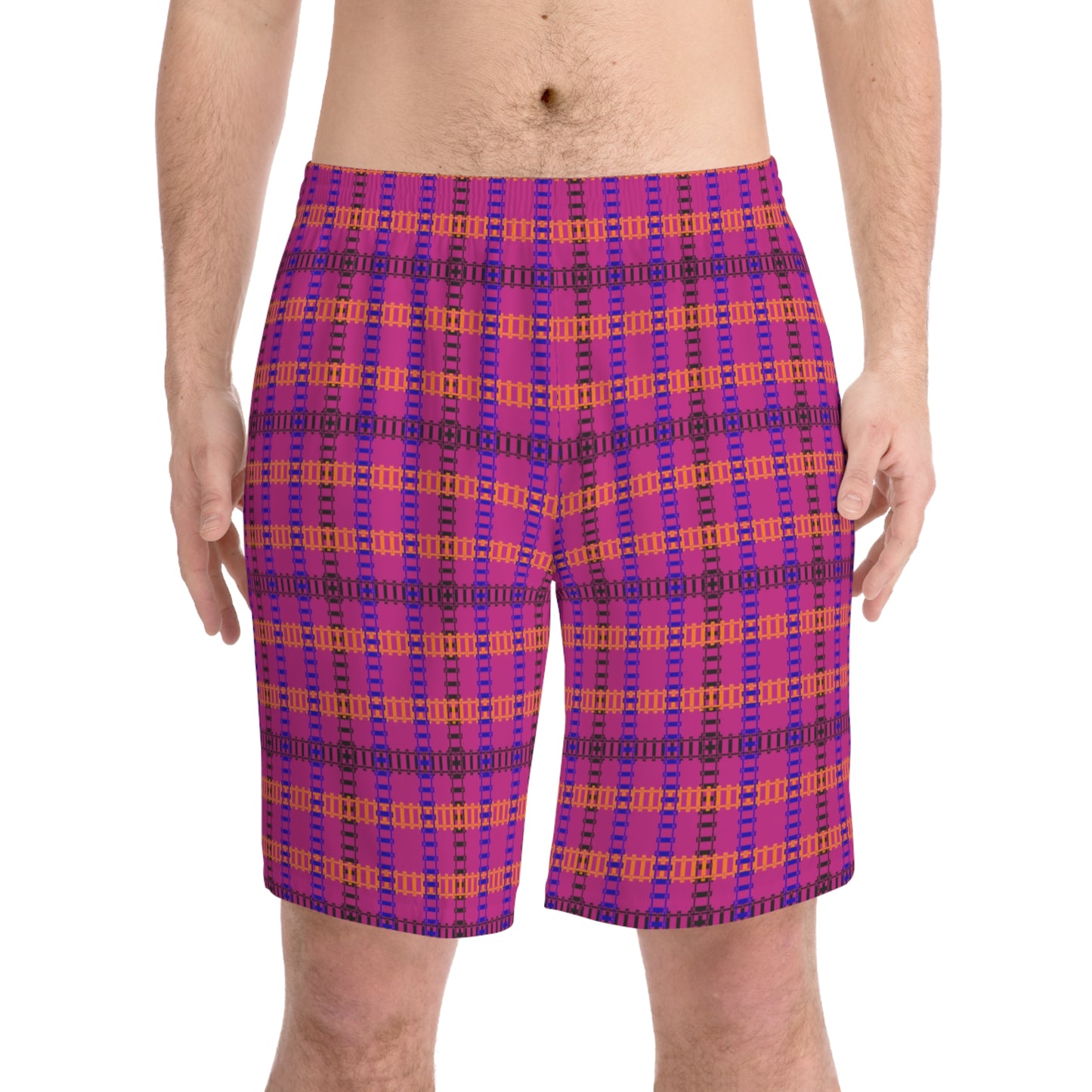Mens Elastic Beach Shorts Vibrant Plaid Print Casual Swimwear Summer Essentials Vacation Attire Poolside Fashion Beach Day Train Tracks Pink