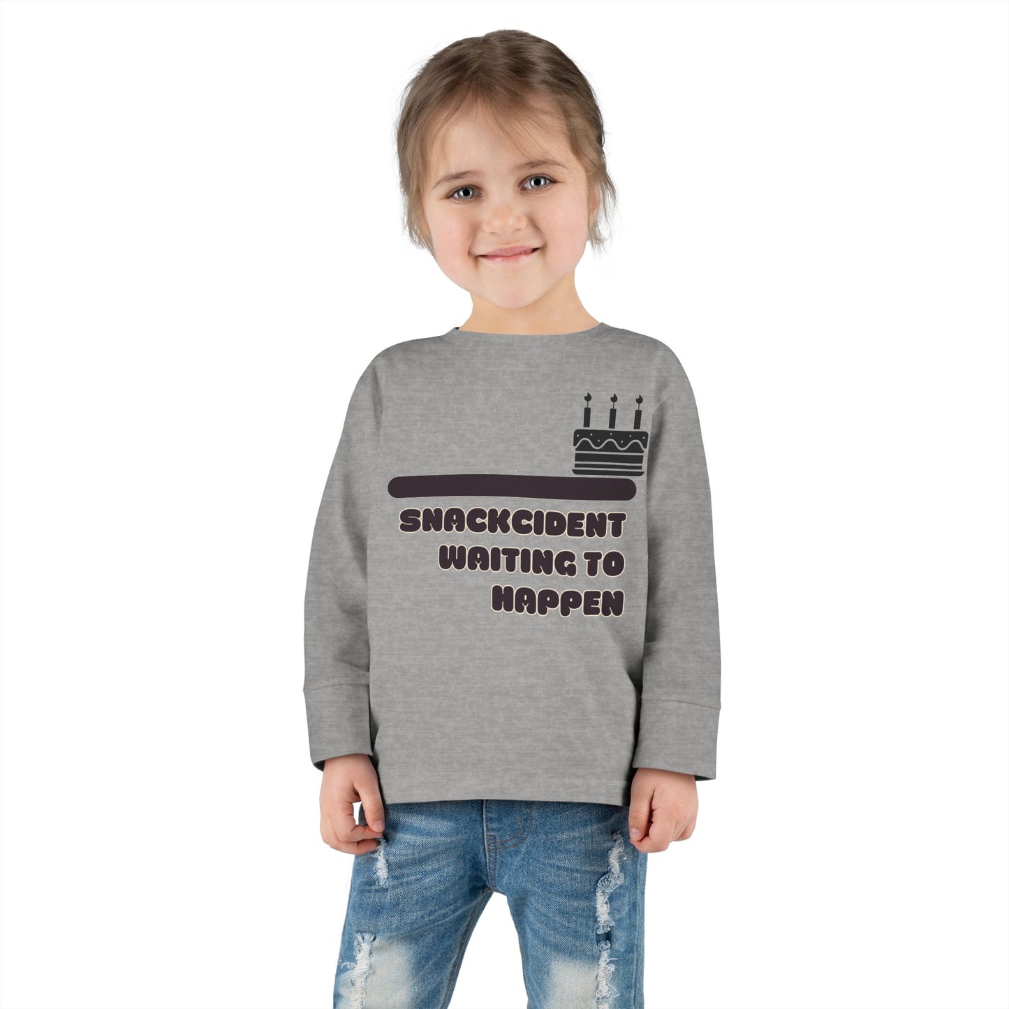 Snackcident Waiting to Happen Toddler Long Sleeve Tee | Cute Kids Shirt | Fun Gift for Birthdays, Playdates, Parties, Food Lovers