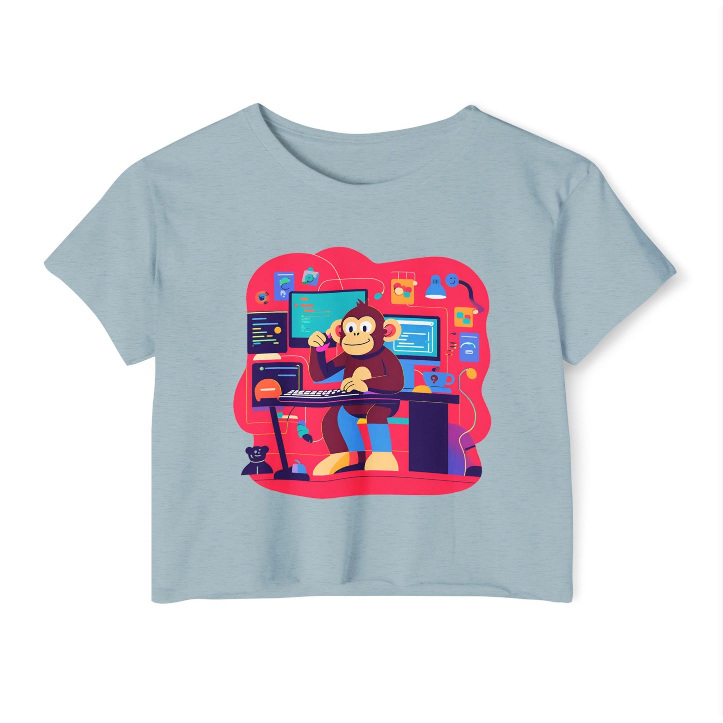 Colorful DJ Monkey Festival Crop Top, Music Festival Shirt, Summer Party Top, Gift for Festival Lovers, Playful Unique T-Shirt