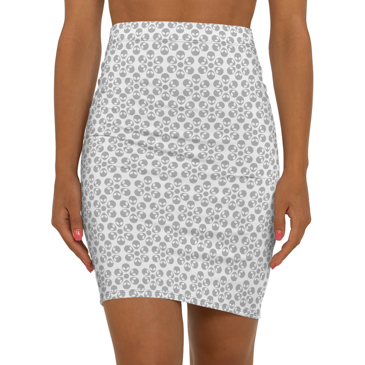 Womens MidWaist Pencil Skirt Alien Flowers White