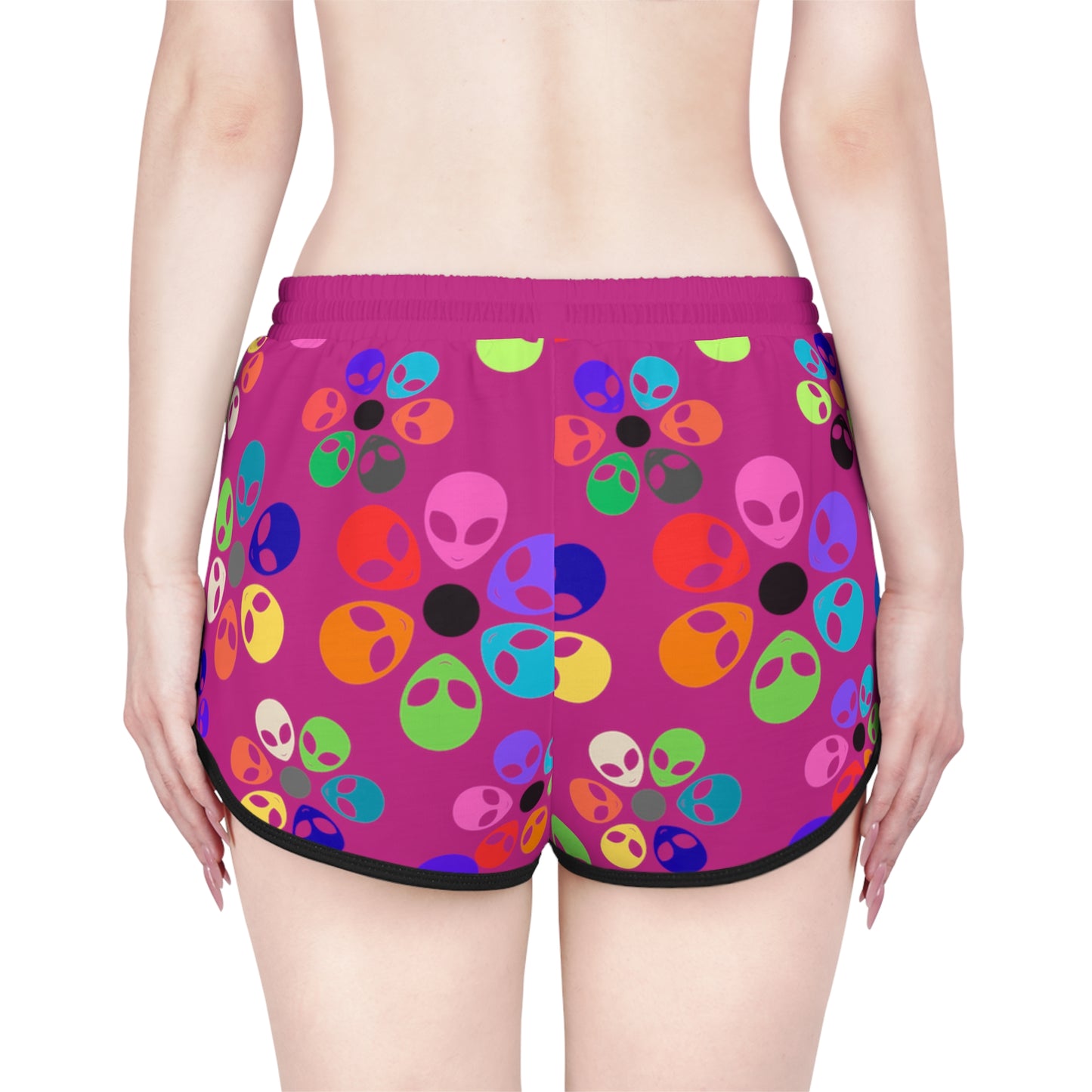 Colorful Alien Flower Print Womens Relaxed Shorts Summer Loungewear Beachwear Festival Outfit Casual Comfort Alien Rainbow Flowers Pink