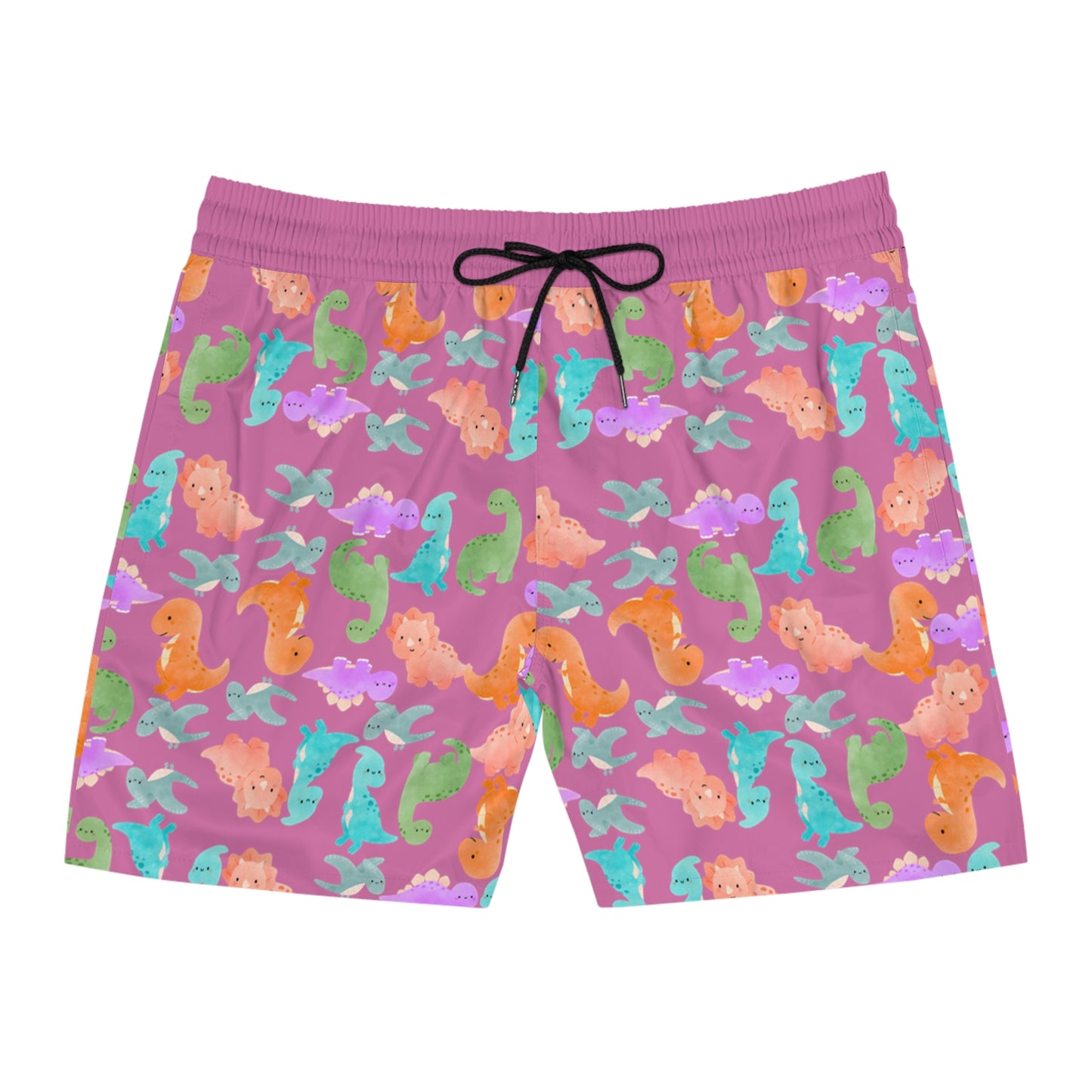 Colorful Dino Swim Shorts for Men | Beachwear Summer Fun Pool Parties Vacation Essentials Nautical Style Rainbow Dinos Light Pink