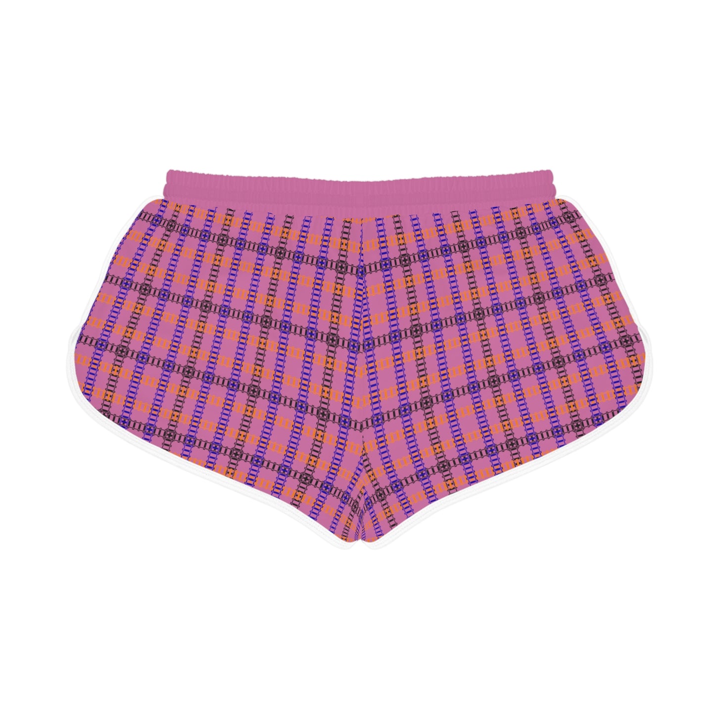 Cozy Casual Womens Shorts Perfect for Summer Days Lounging Beach or Sleepwear AOP Plaid Design Train Tracks Light Pink