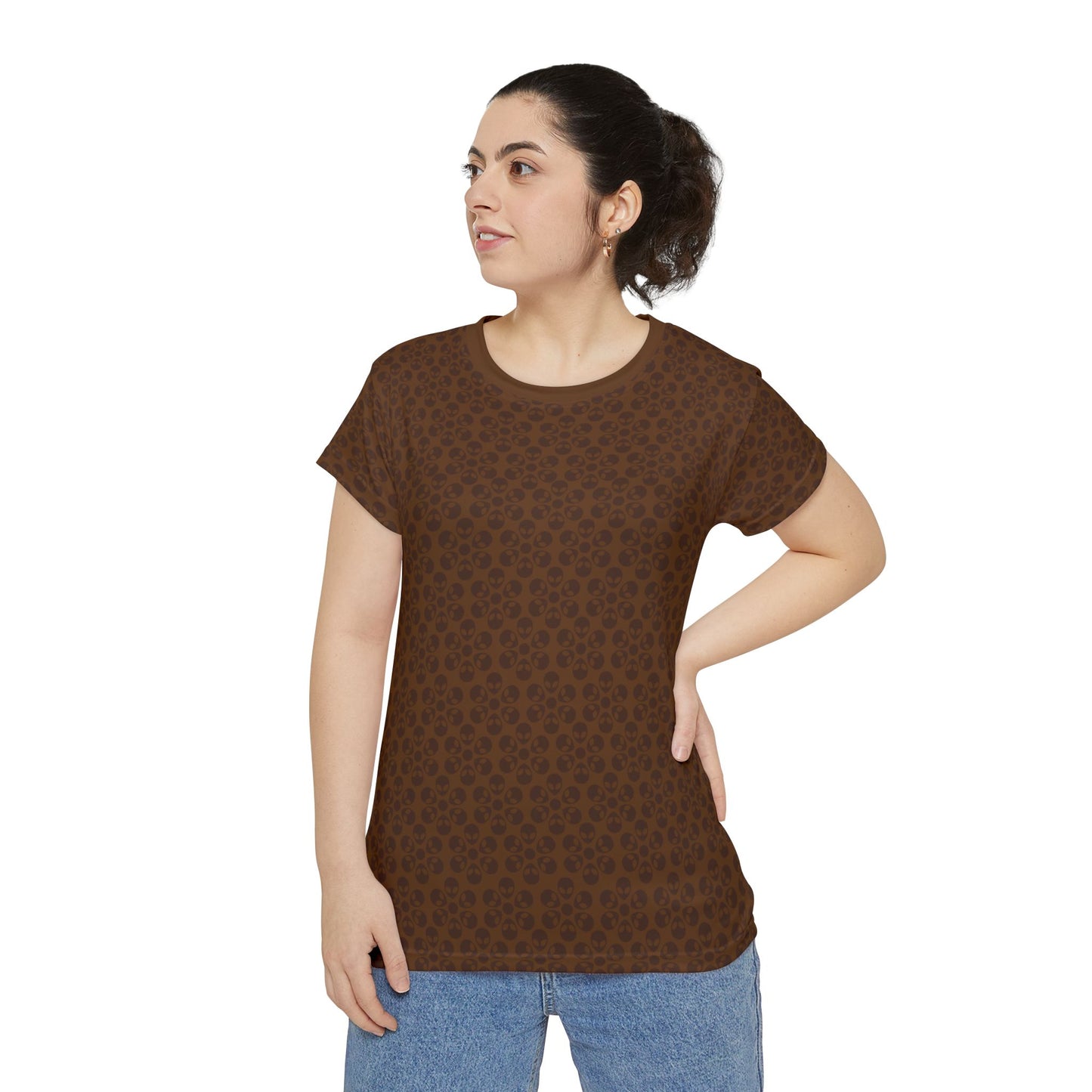 Womens Short Sleeve Shirt Alien Flowers Brown