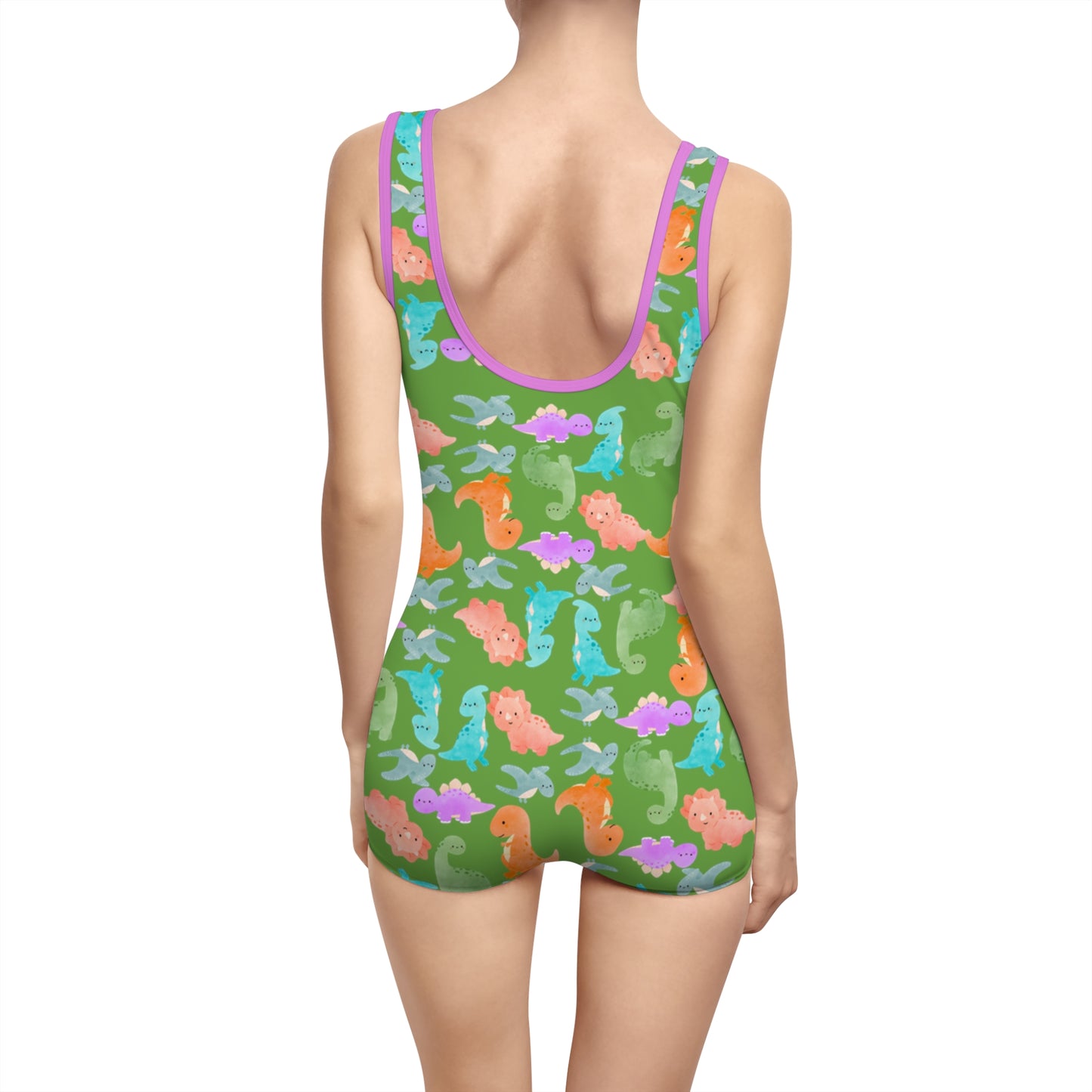 Vintage Dino Print Womens Swimsuit Retro Bathing Suit Summer Beachwear Pool Party Outfit Unique Swimwear Gift Rainbow Dinos Green