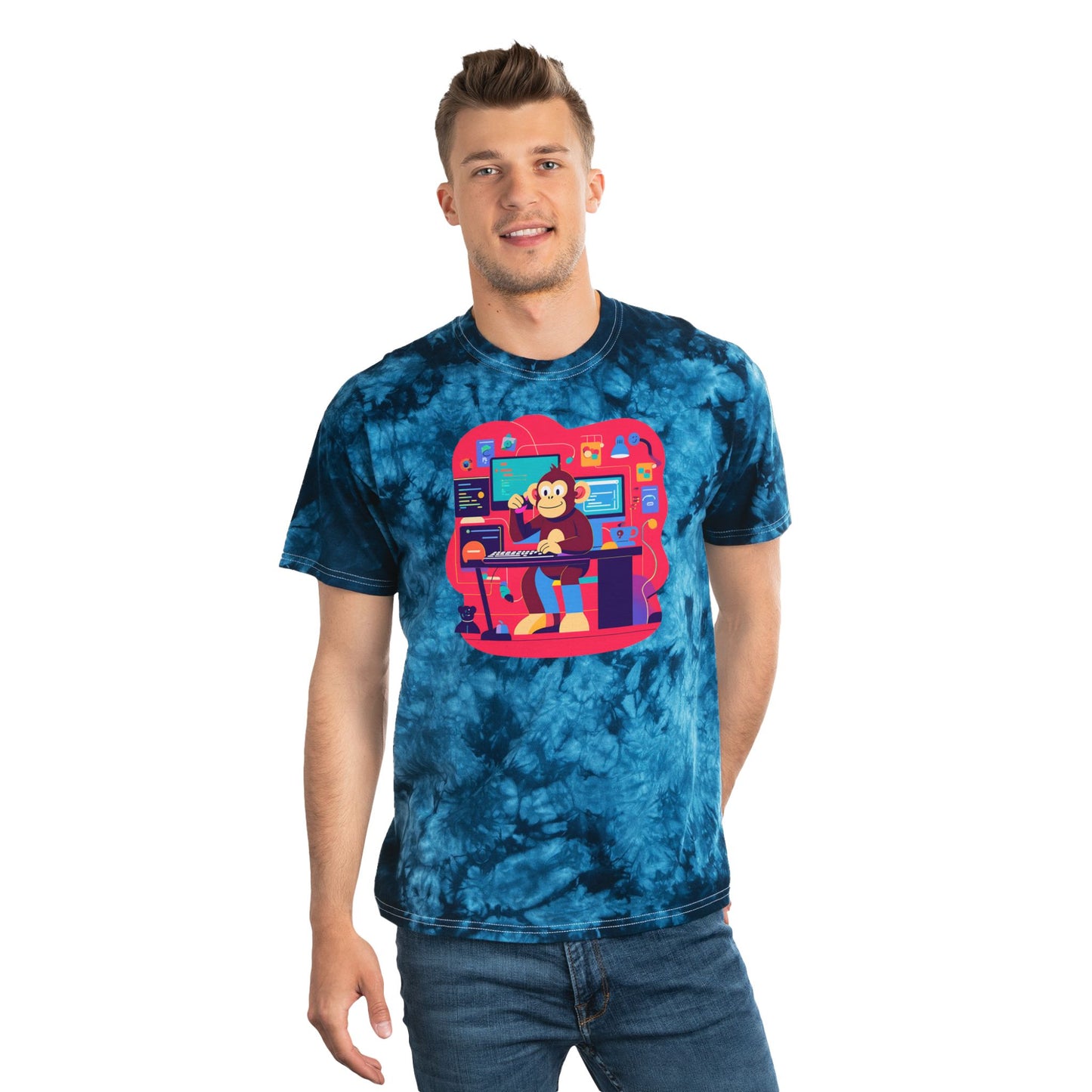 Crystal Tie-Dye Tee with Retro Monkey Design | Casual Streetwear, Gift for Gamers, Fun Summer Style, Unisex Shirt, Relaxed Fit