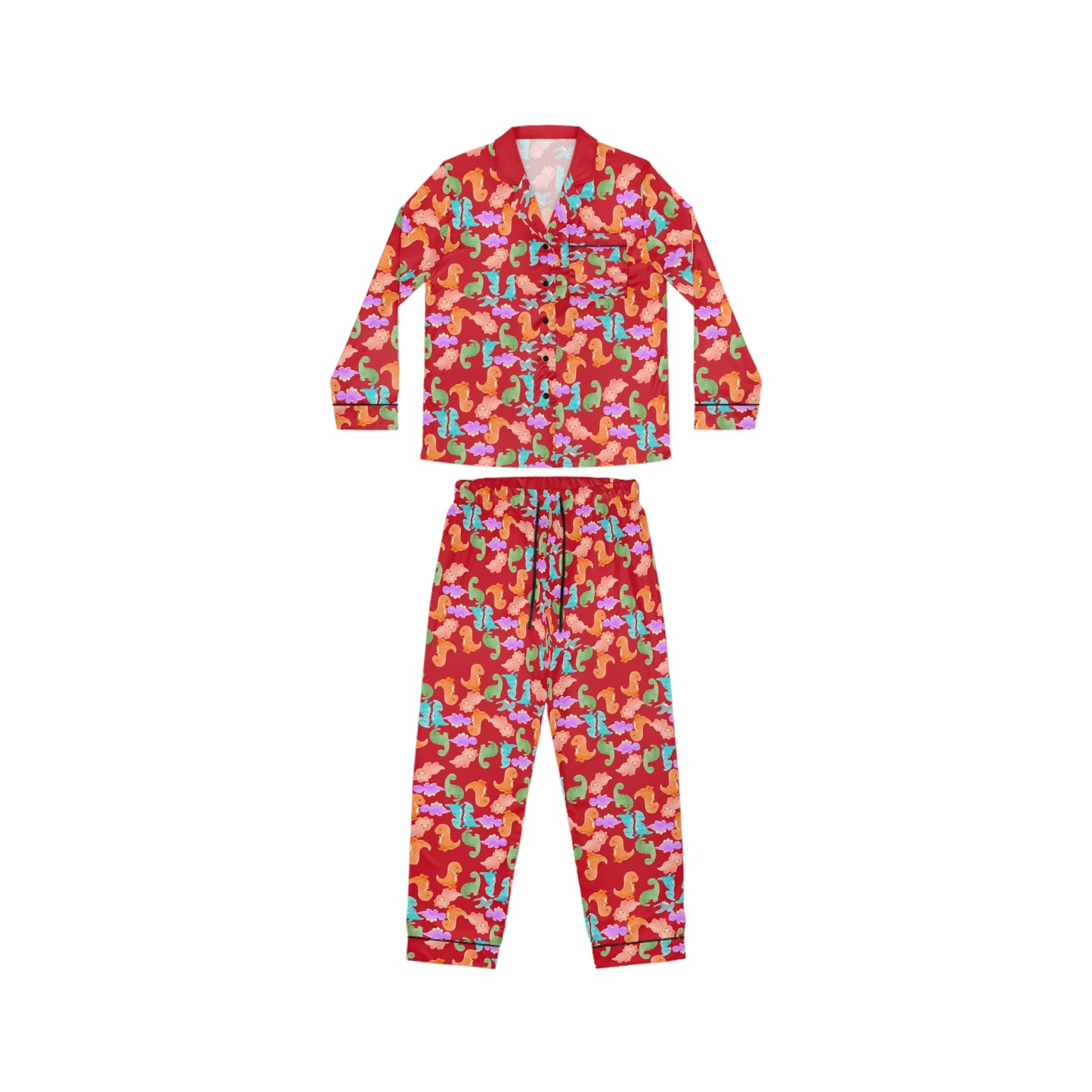 Colorful Womens Satin Pajamas Set Cozy Sleepwear Cute Loungewear for Celebrations Birthday Gift for Her Relaxation Clothing Rainbow Dinos Dark Red