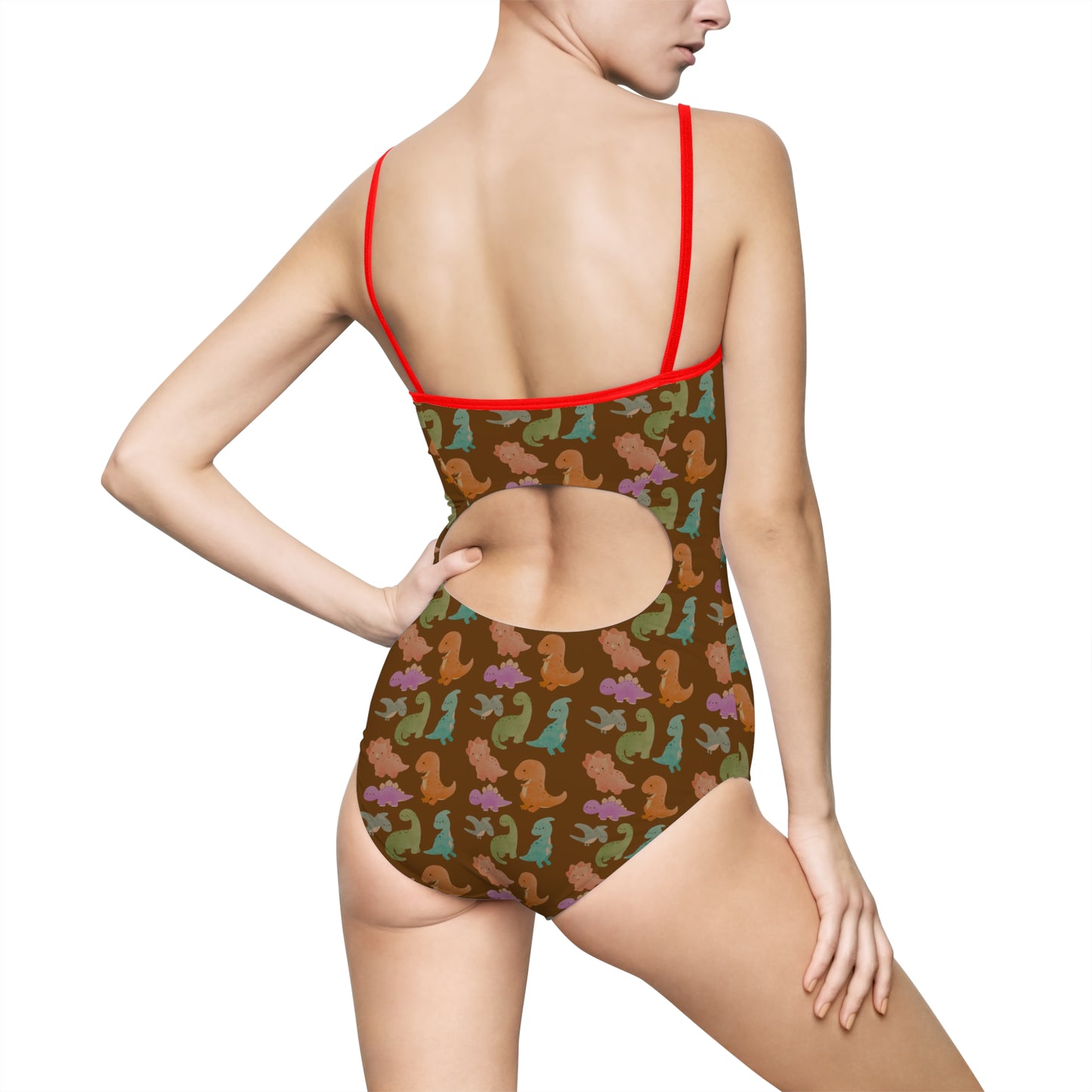 Colorful Dino Pattern One-Piece Swimsuit, Summer Swimwear, Beachwear, Aquatic Adventures, Girls' Swim Fashion - Brown