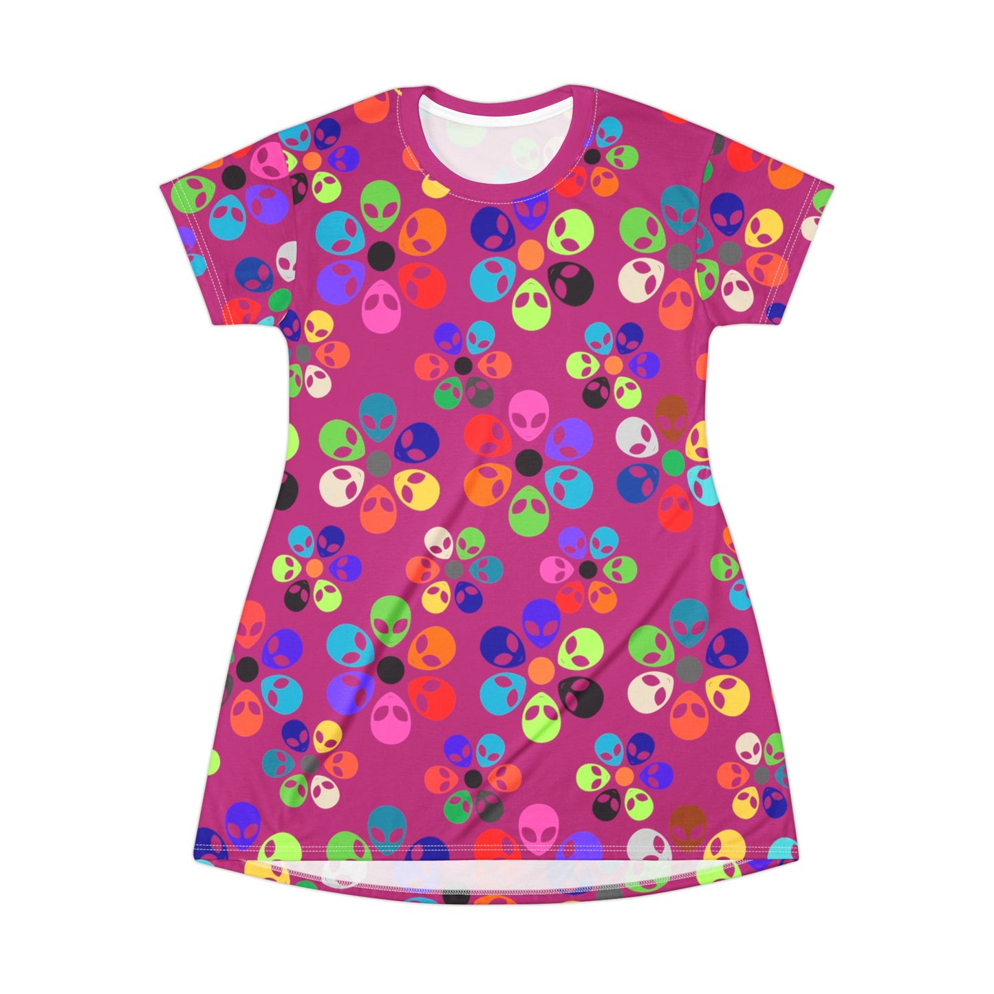 Colorful Alien TShirt Dress | Fun Casual Wear Summer Dress Festival Outfit Gift for UFO Lovers Unique Print Alien Rainbow Flowers Pink