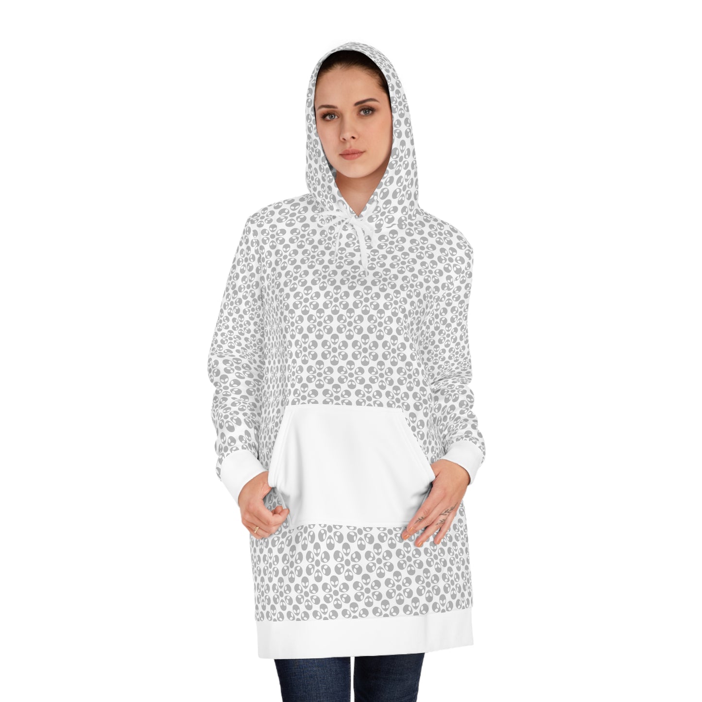 Womens Hoodie Dress Alien Flowers White