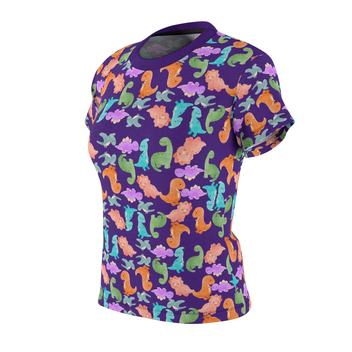 Colorful Dino Womens Tee Cute Summer Top Vibrant Casual Shirt Sea Animal Print Tee Gifts for Ocean Lovers Beachwear Rainbow Dinos Purple