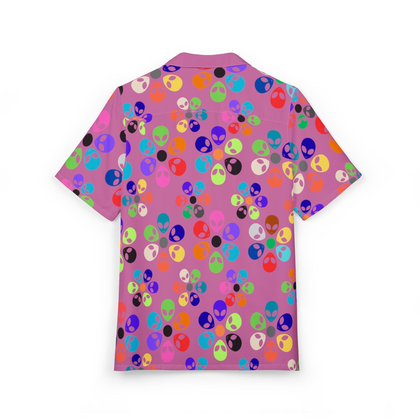 Vibrant Alien Print Hawaiian Shirt Unisex Summer ButtonUp Beachwear Vacation Outfit Festival Apparel Colorful Party Shirt Alien Rainbow Flowers Light Pink