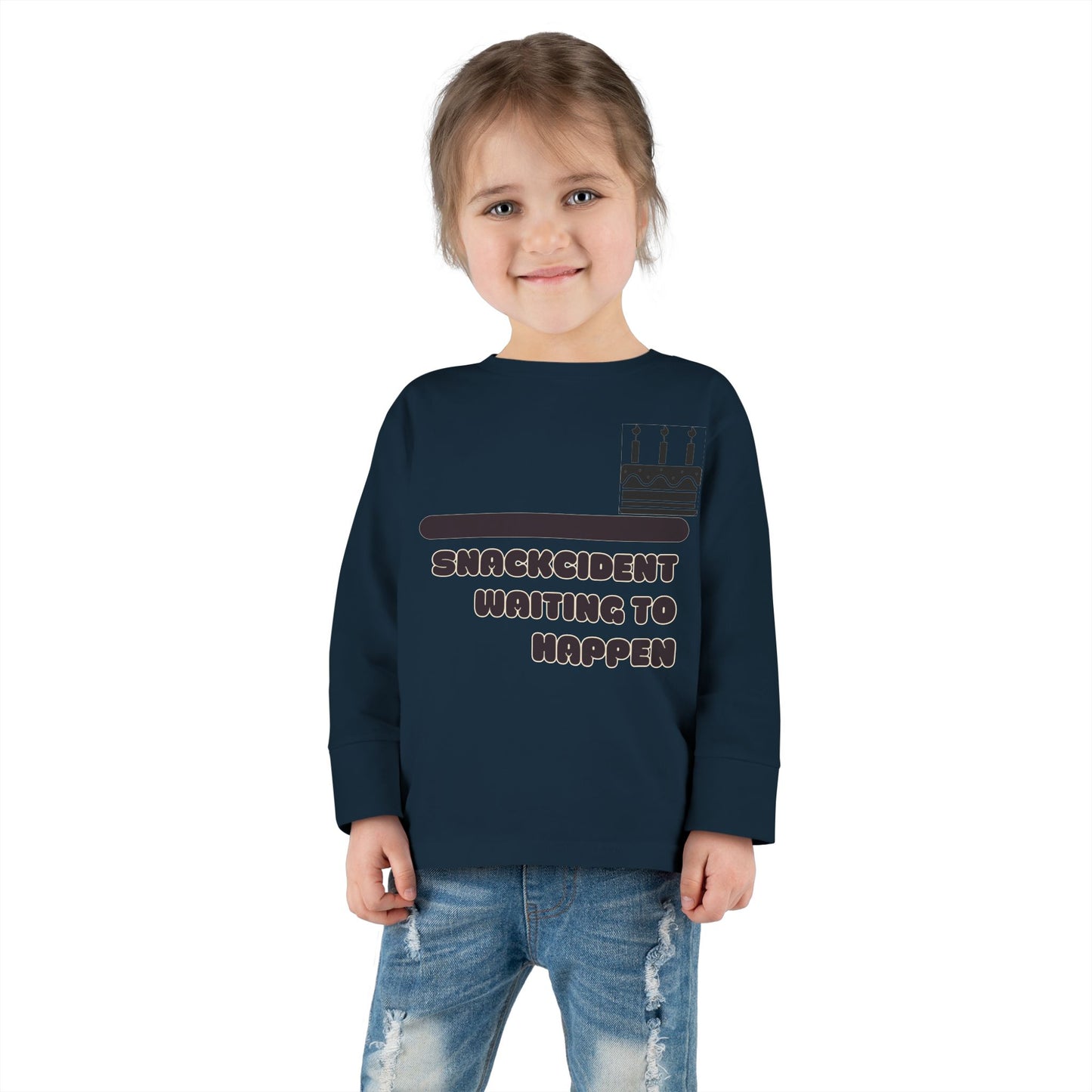 Snackcident Waiting to Happen Toddler Long Sleeve Tee | Cute Kids Shirt | Fun Gift for Birthdays, Playdates, Parties, Food Lovers