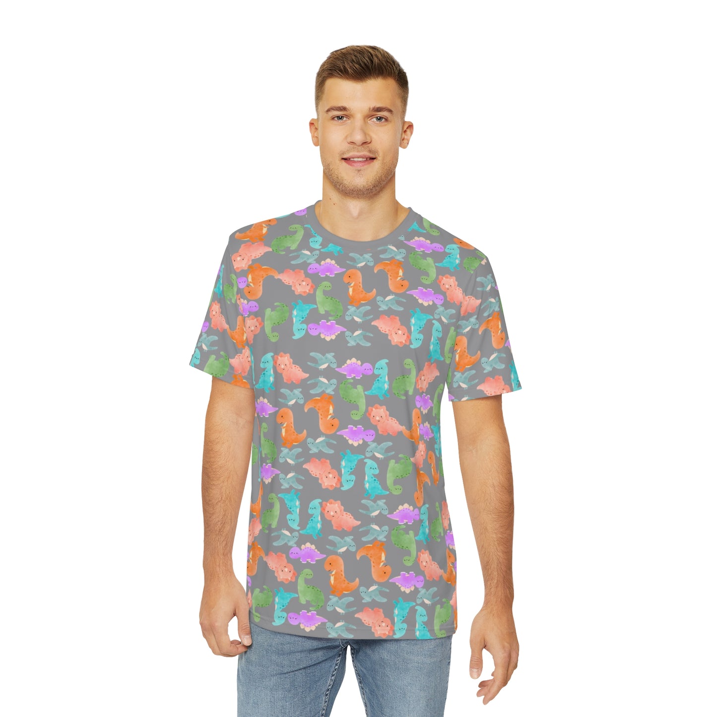 Colorful Dino Tee Fun Playful Shirt for Ocean Lovers Casual Wear Summer Outfits Beach Activities Gifts for Him Rainbow Dinos Grey