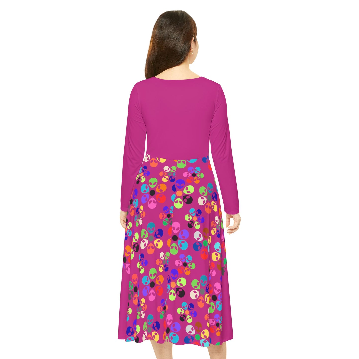 Vibrant Womens Long Sleeve Dance Dress Colorful Floral Style Perfect for Dance Parties Celebrations BohoChic Fashion Alien Rainbow Flowers Pink