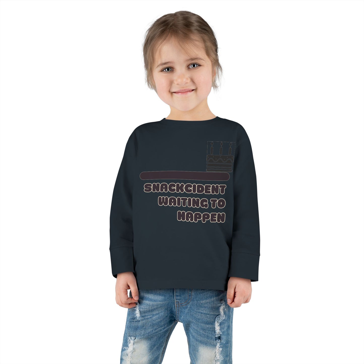 Snackcident Waiting to Happen Toddler Long Sleeve Tee | Cute Kids Shirt | Fun Gift for Birthdays, Playdates, Parties, Food Lovers