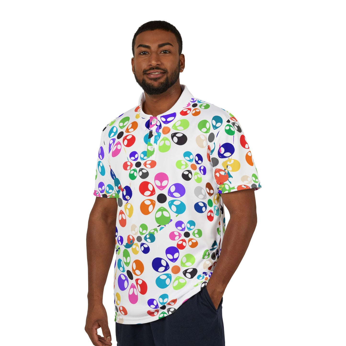 Colorful Alien Print Unisex Polo Shirt Perfect for Festivals Holiday Parties Casual Wear Gift Ideas Unique Menswear Alien Rainbow Flowers Pink