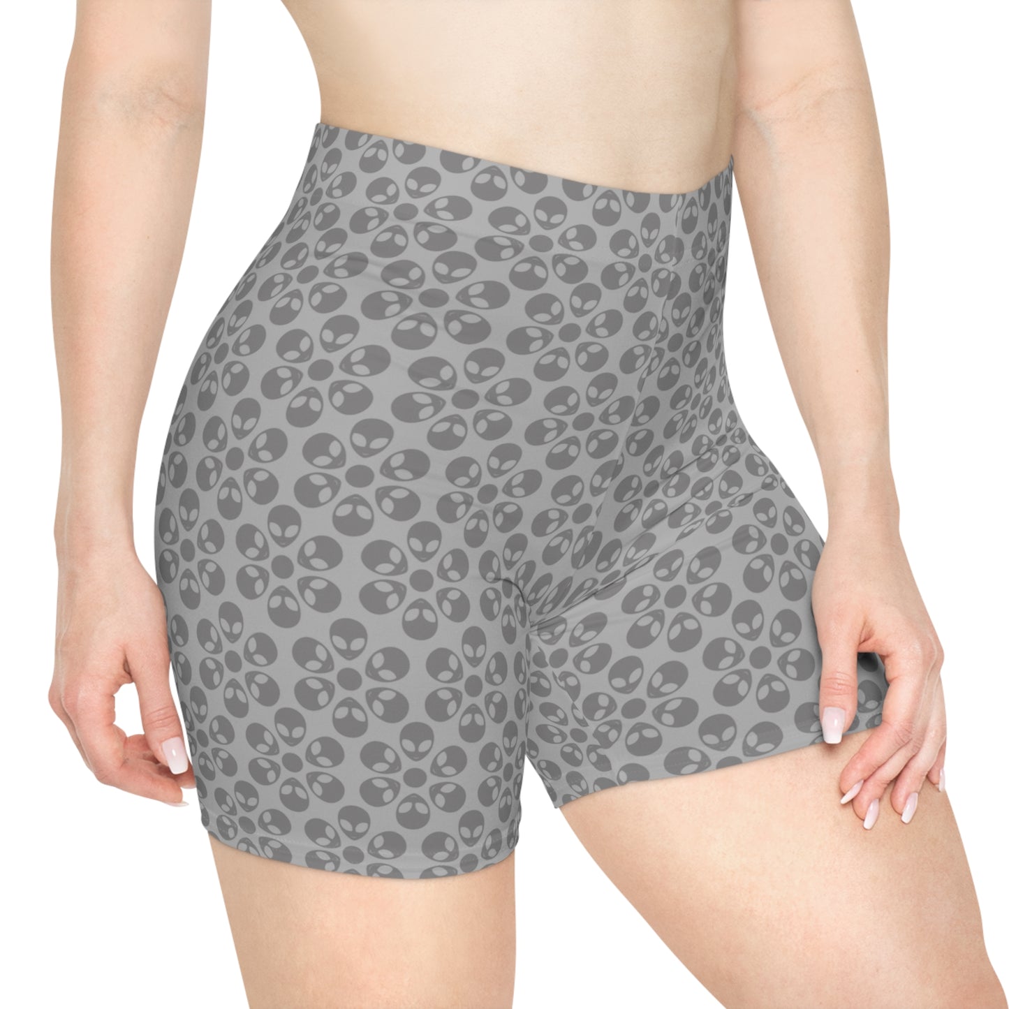 Womens Alien Pattern Biker Shorts Trendy Activewear Casual Cycling Shorts Festival Outfit Summer Essentials Alien Flowers Light Grey