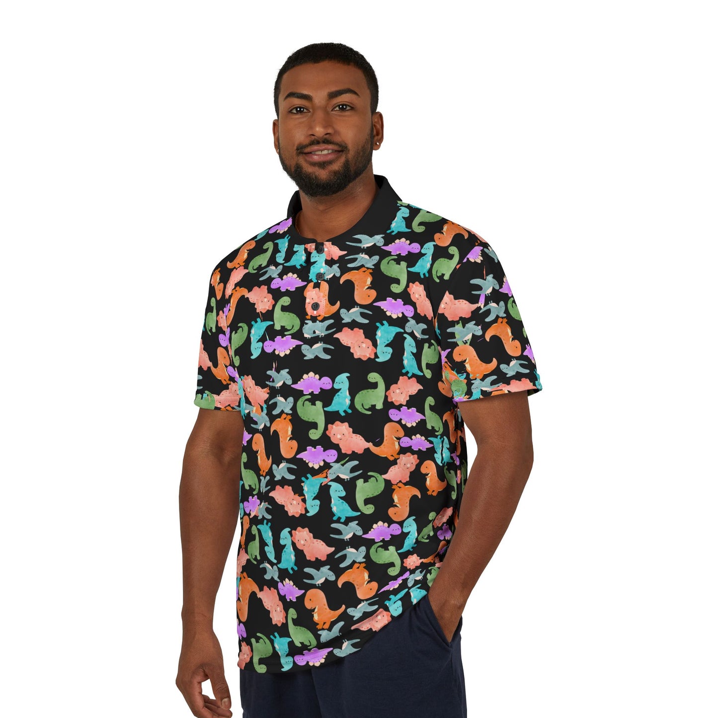 Colorful Unisex Polo Shirt Vibrant AOP Tee for Casual Wear Gift for Birthdays Summer Style Soft Fabric Enjoyment Rainbow Dinos Pink