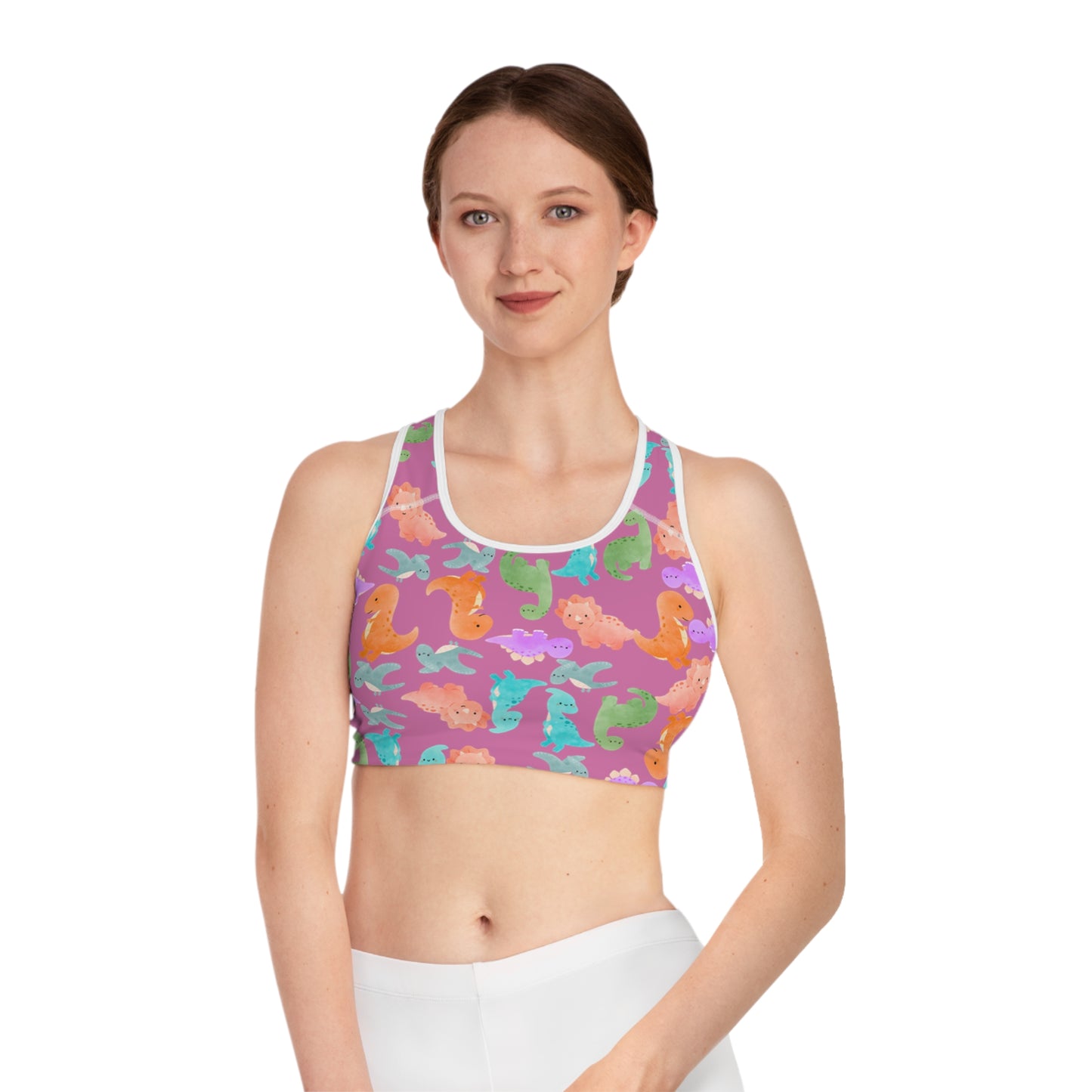 Colorful Dinosaur Print Sports Bra Cute Activewear Gym Top Fitness Wear Gifts for Her Workout Clothing Rainbow Dinos Light Pink