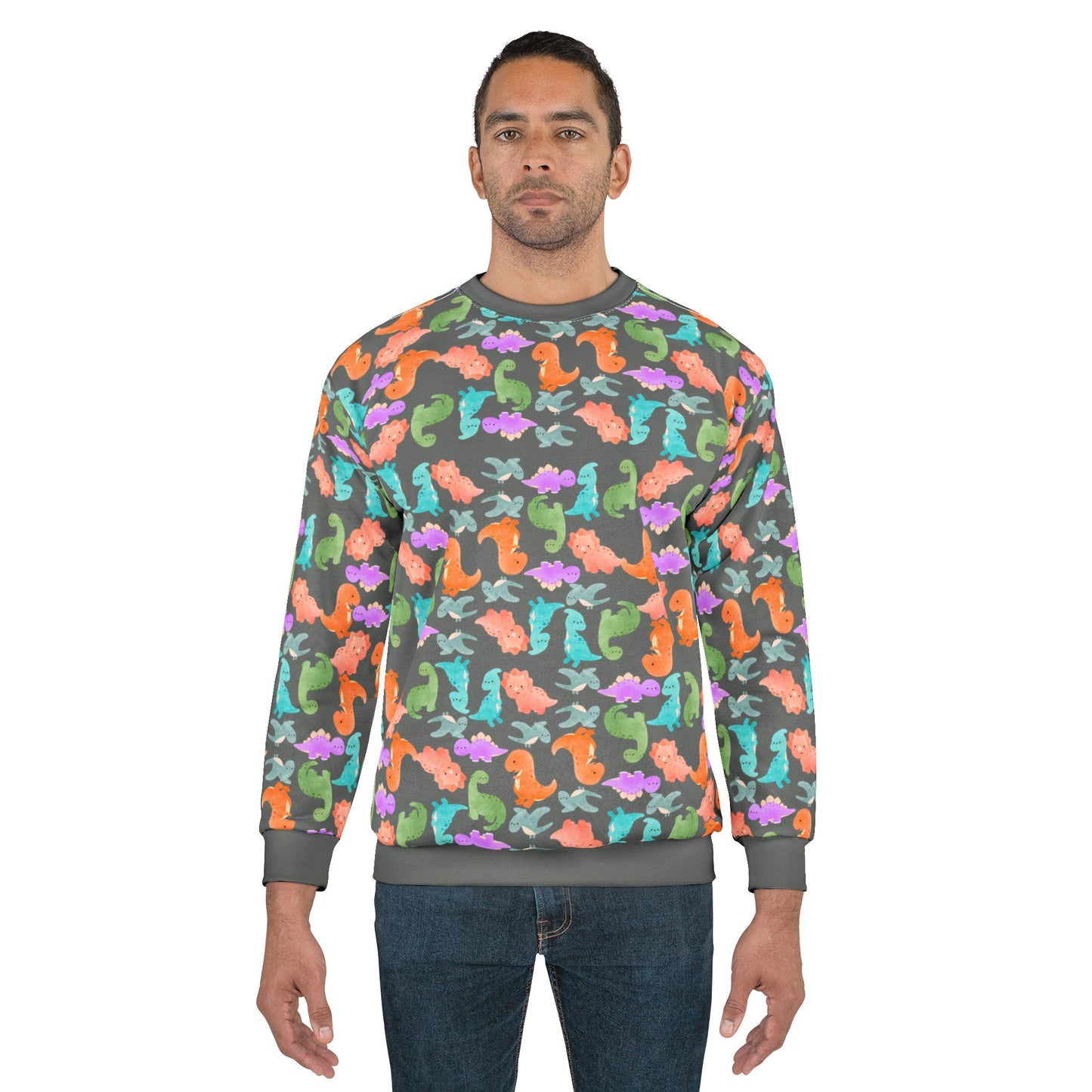 Colorful Dino Unisex Sweatshirt Ocean Vibe Apparel AOP Pullover for Beach Lovers Gift for Sea Life Enthusiasts Casual Cozy Wear Rainbow Dinos Dark Grey