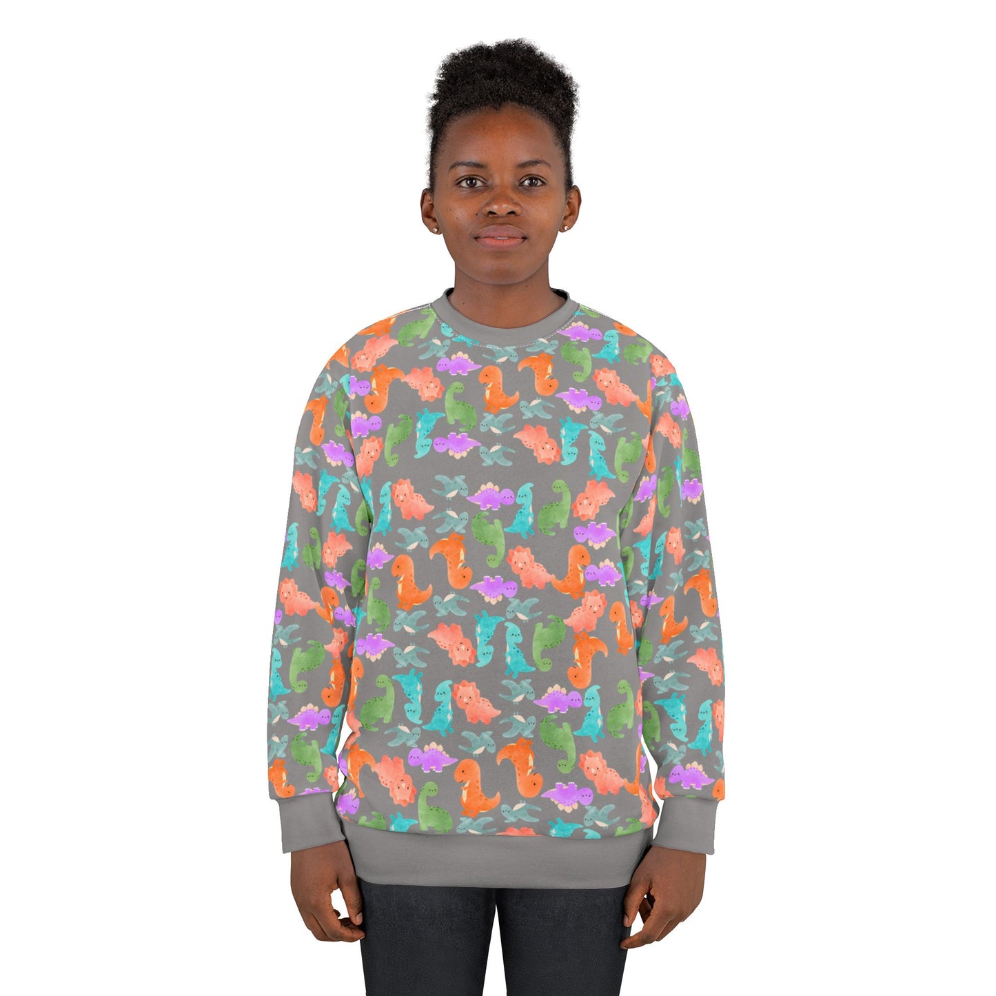Colorful Dino Unisex Sweatshirt Ocean Vibe Apparel AOP Pullover for Beach Lovers Gift for Sea Life Enthusiasts Casual Cozy Wear Rainbow Dinos Grey