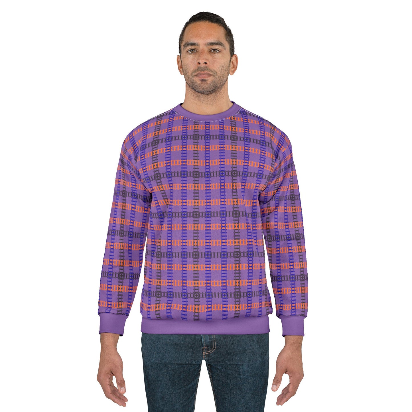 Cozy Plaid Unisex Sweatshirt Perfect for Fall Casual Wear Gift for Him/Her Halloween Warm & Stylish Train Tracks Light Purple