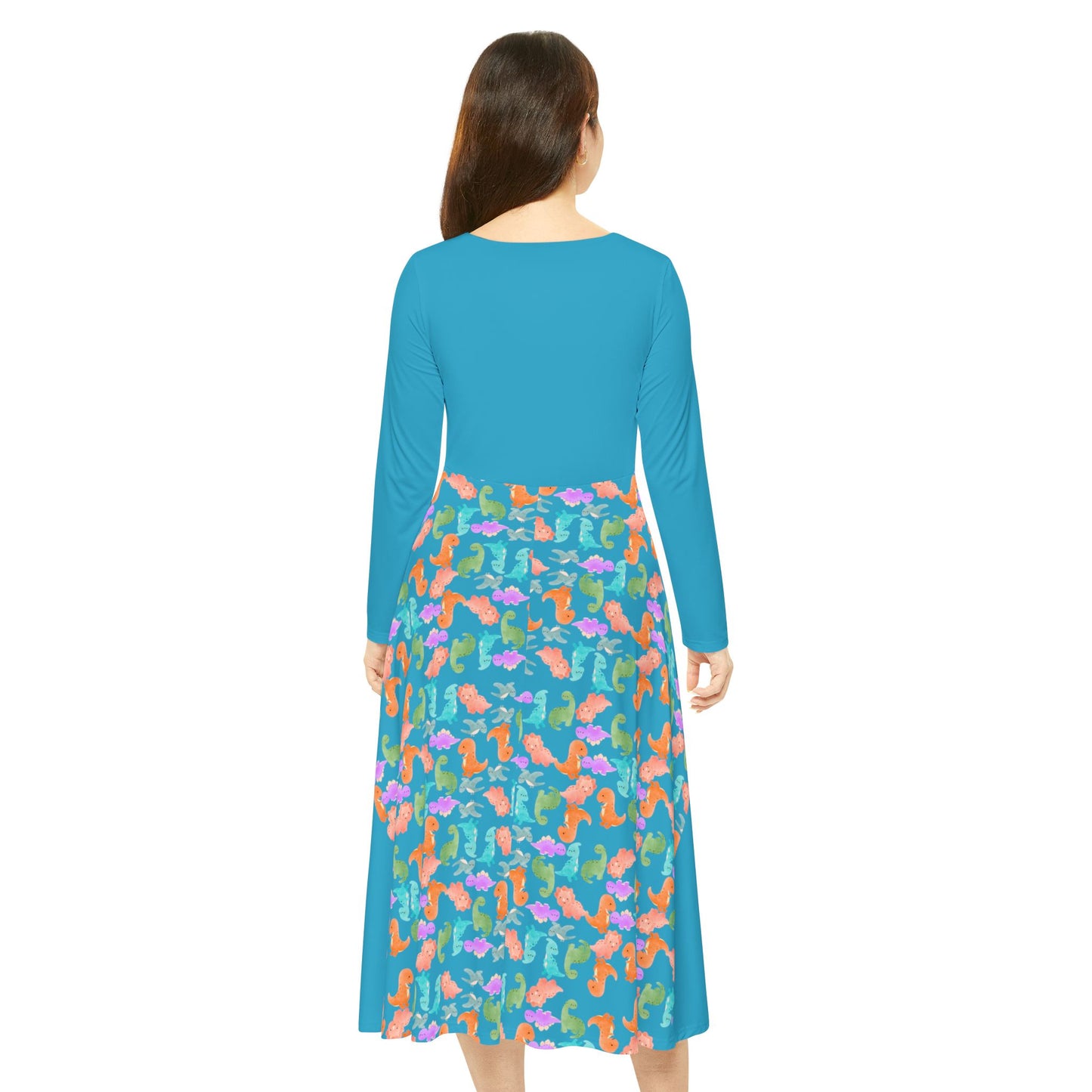 Colorful Long Sleeve Dance Dress Perfect for Parties Dance Events Spring Celebrations Playful Kids Dress Trendy Casual Wear Rainbow Dinos Turquoise