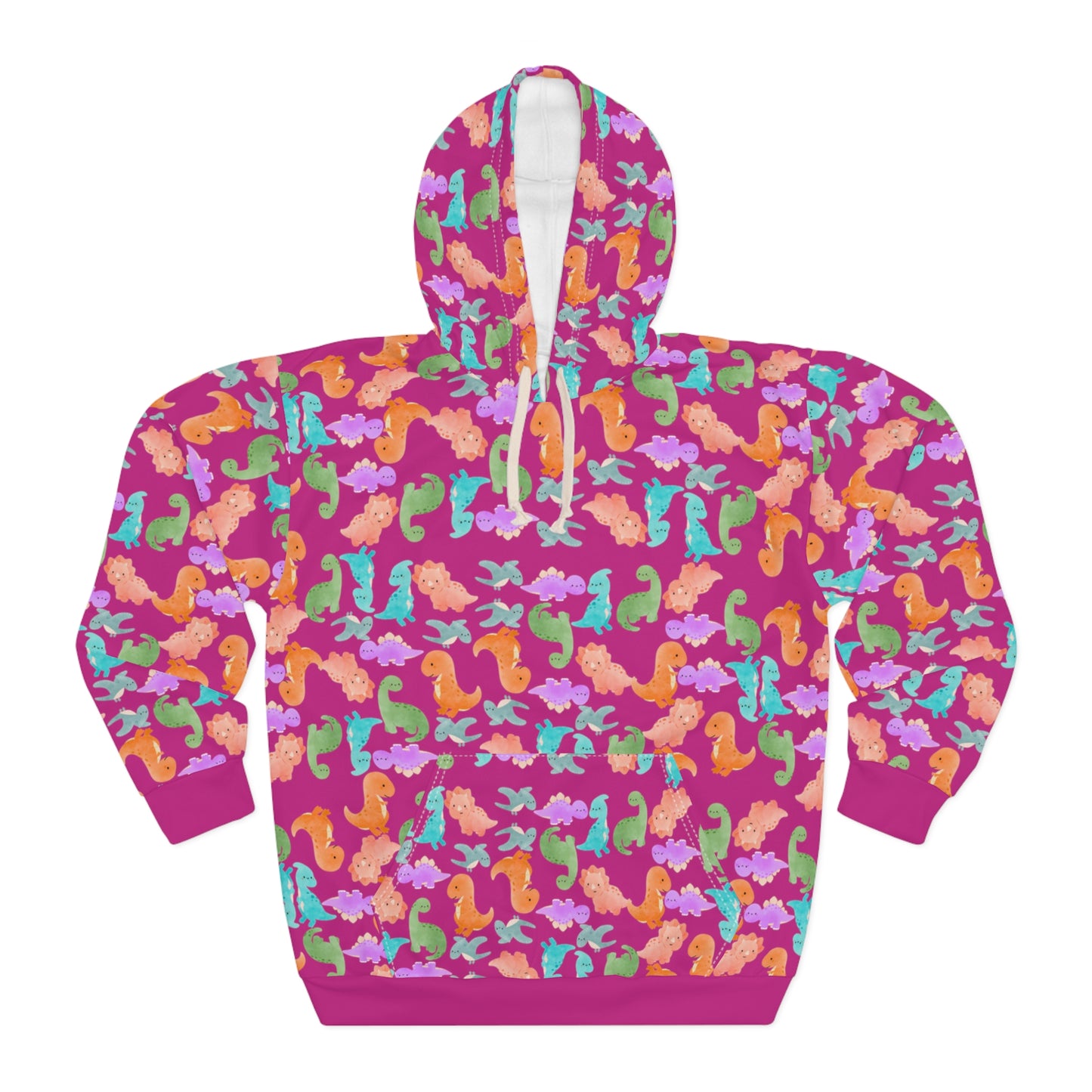 Colorful Dino Unisex Pullover Hoodie Cozy Beach Vibe Sweatshirt Gift for Ocean Lovers Fun Casual Wear Homewear Rainbow Dinos Pink