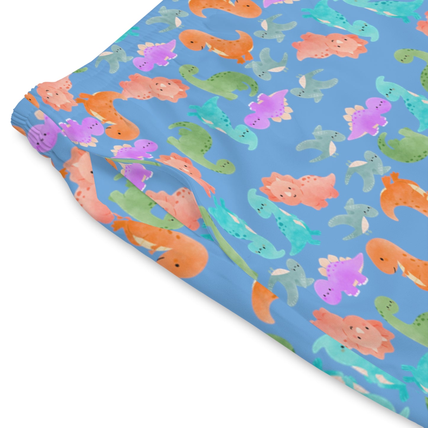 Colorful Dino Beach Shorts for Men Summertime Swimwear Vacation Essentials Pool Party Attire Trendy Summer Apparel Rainbow Dinos Light Blue