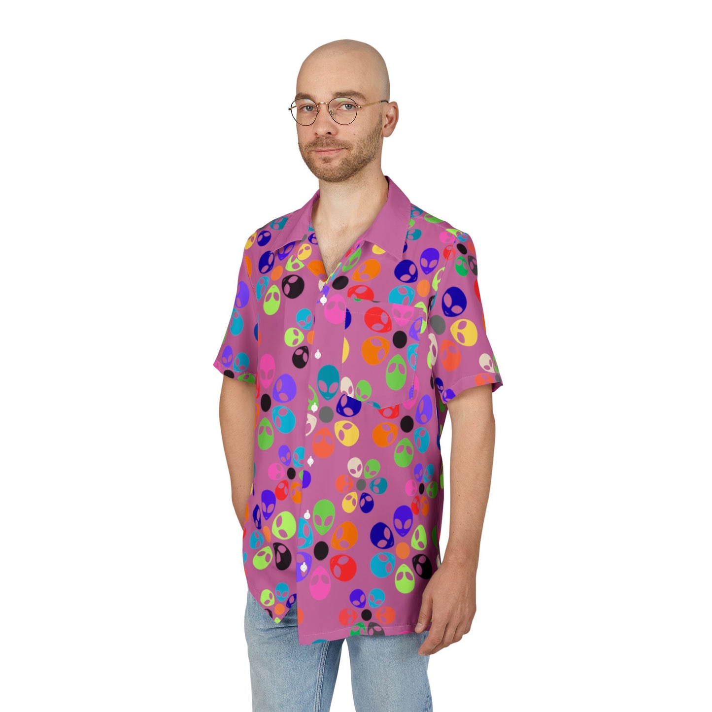 Vibrant Alien Print Hawaiian Shirt Unisex Summer ButtonUp Beachwear Vacation Outfit Festival Apparel Colorful Party Shirt Alien Rainbow Flowers Light Pink