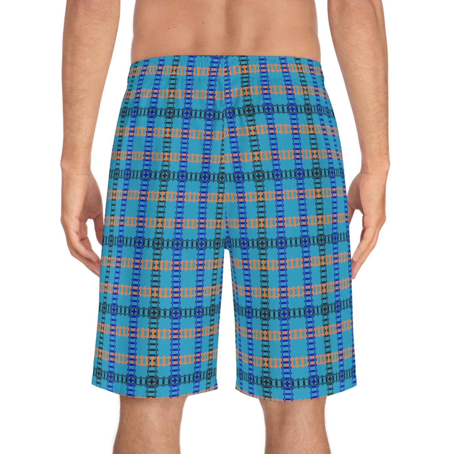 Vibrant Mens Board Shorts Perfect for Summer Beach Days and Pool Parties | Stylish Swimwear Train Tracks Turquoise