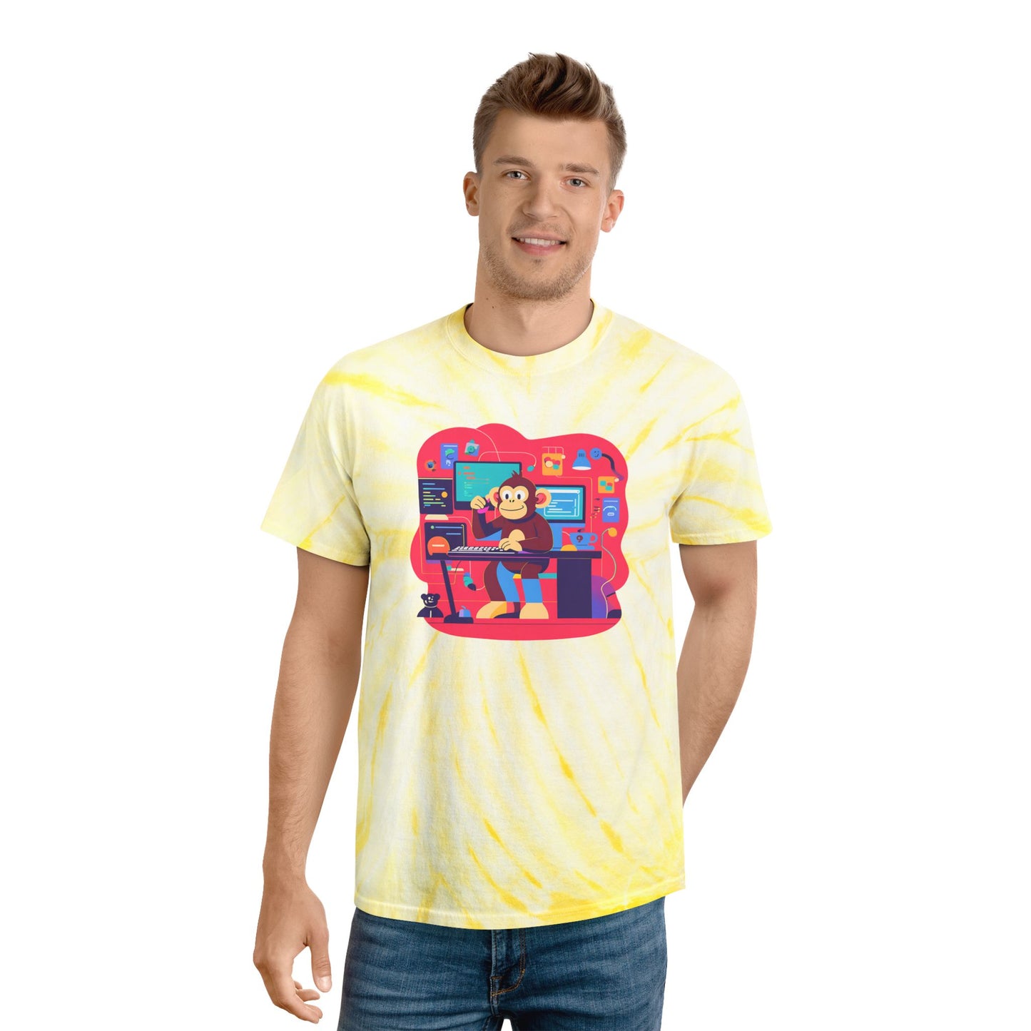 Cheerful Tie-Dye Tee, Cyclone Monkey Graphic, Casual Summer Shirt, Fun Gift for Gamers, Bright Festival Wear, Artistic Streetwear