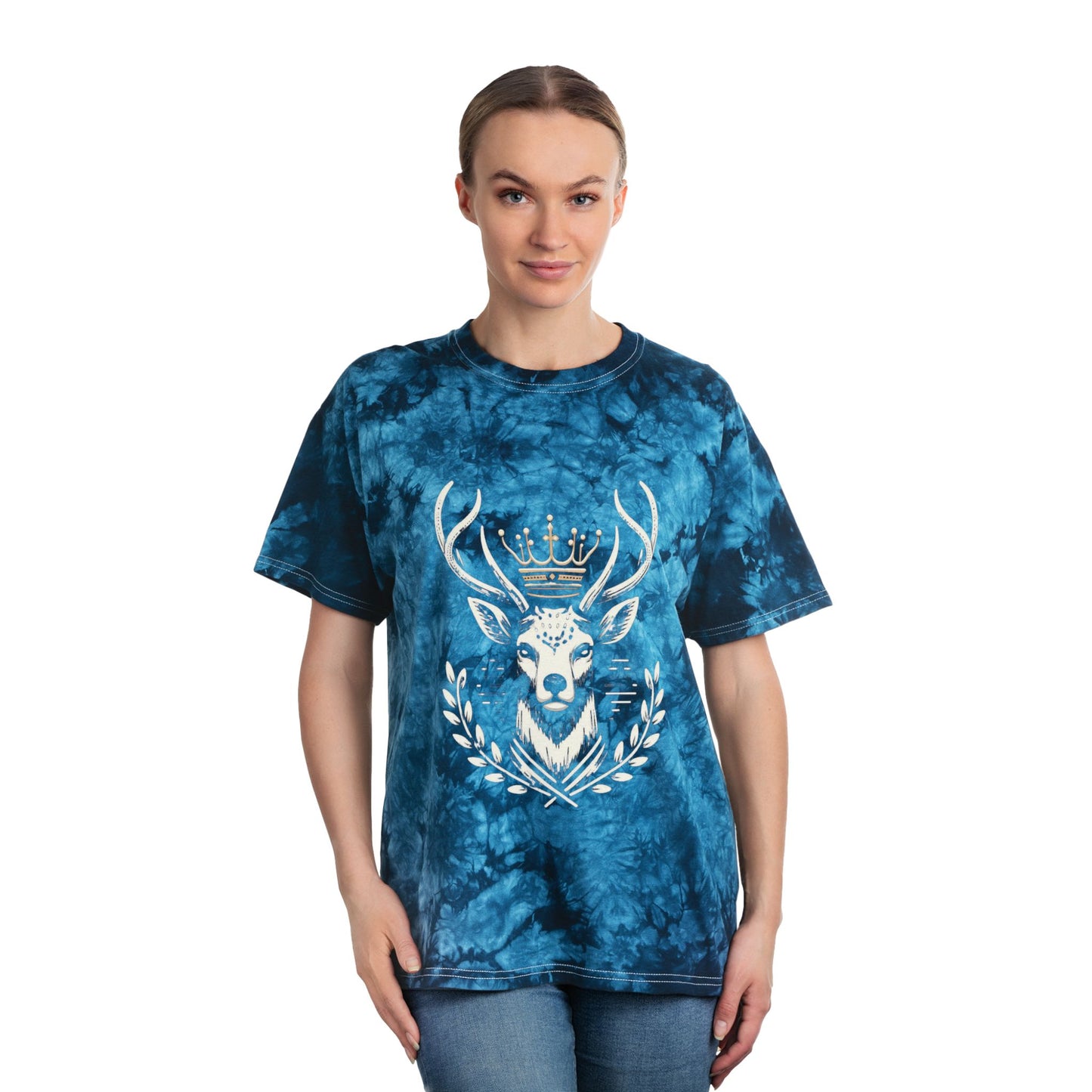 Blue Tie-Dye T-Shirt with Majestic Deer Design - Oh Deer Lord