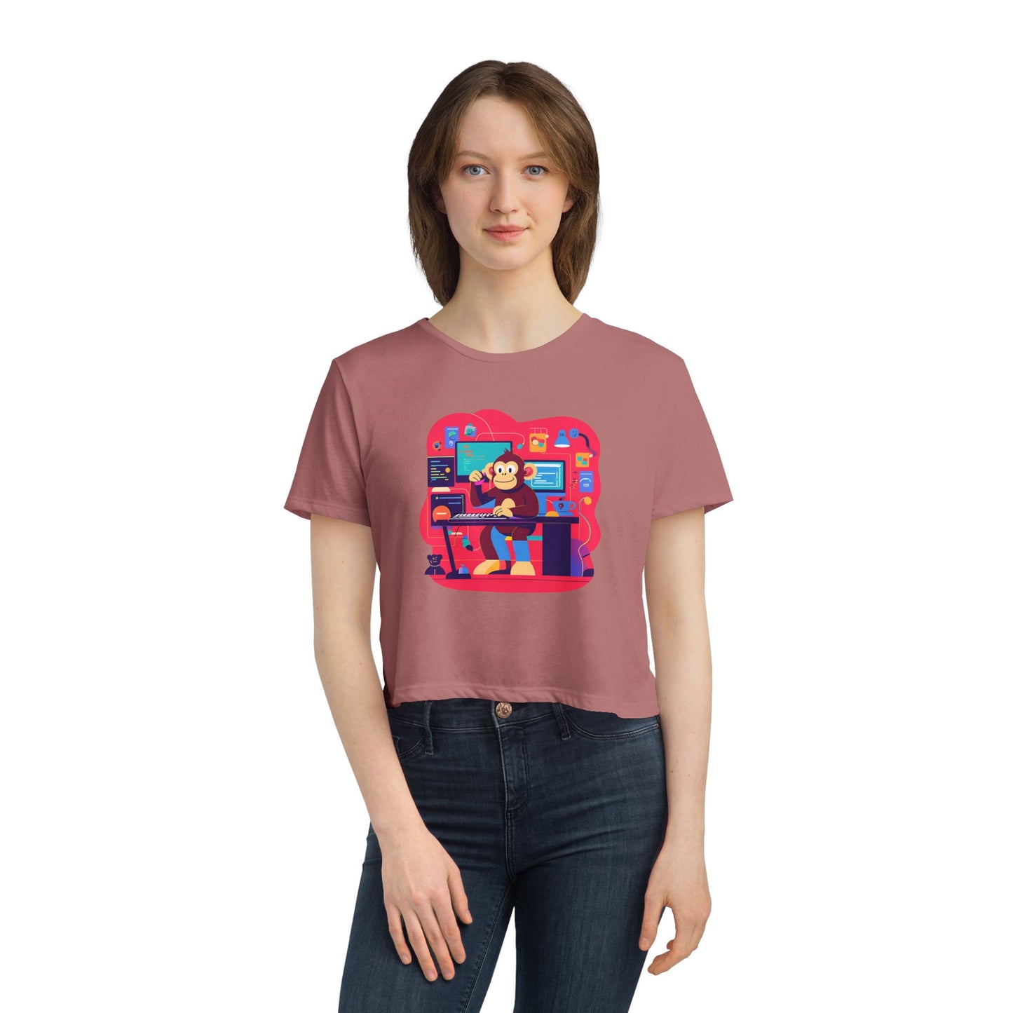 Retro Gamer Women's Flowy Cropped Tee, Cute Graphic Tee, Casual Wear, Gift for Gamers, Fun Summer Top, Kids Birthday Present