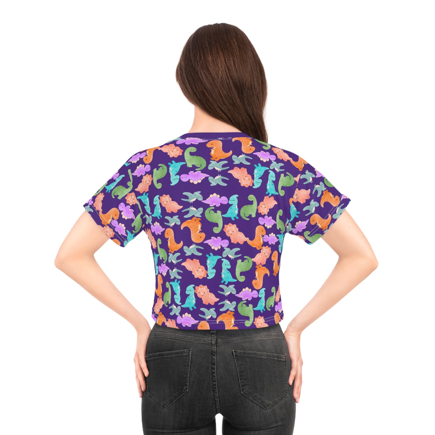 Whimsical Dinosaur Crop Tee for Kids Cheerful Summer Top Fun Gift for Dinosaur Lovers Playful TShirt for Birthdays Trendy Casual Wear Rainbow Dinos Purple