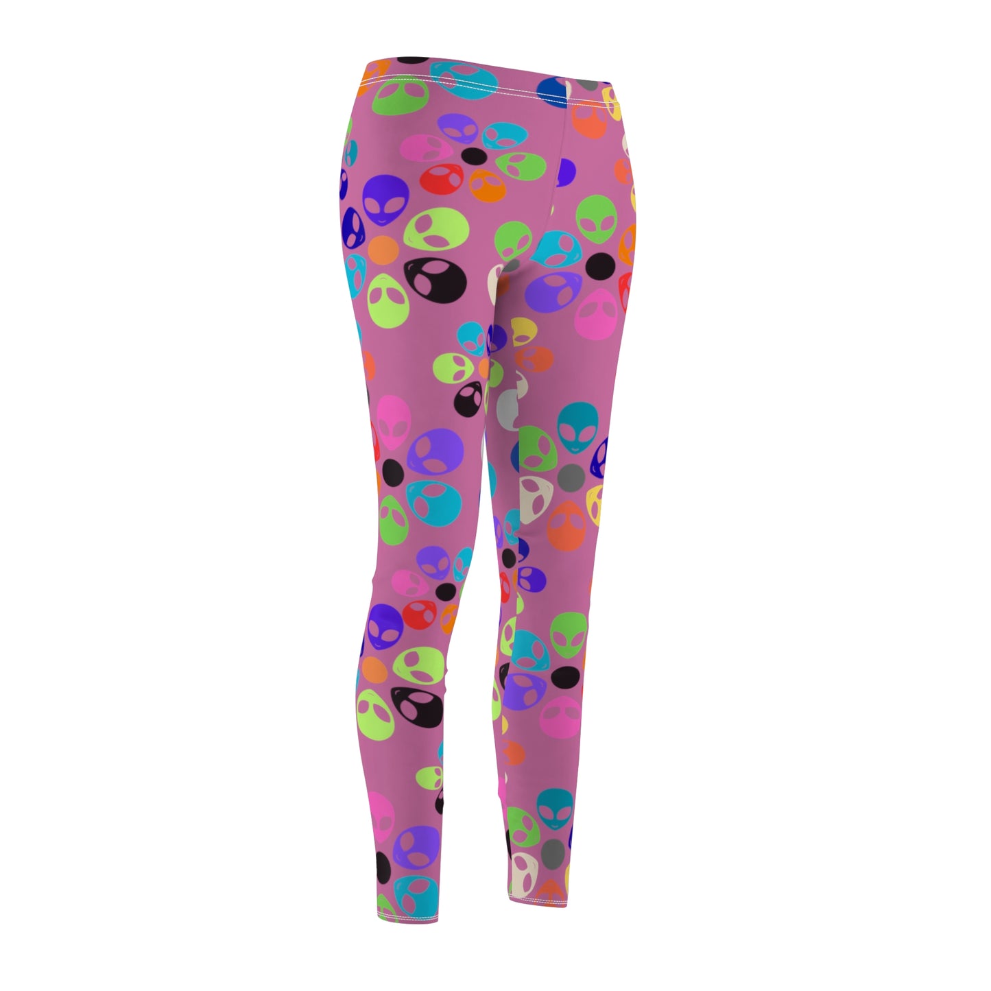 Colorful Alien Print Womens Leggings Casual Streetwear Graphic Leggings for Festivals Comfortable Activewear Unique Gift Idea Alien Rainbow Flowers Light Pink