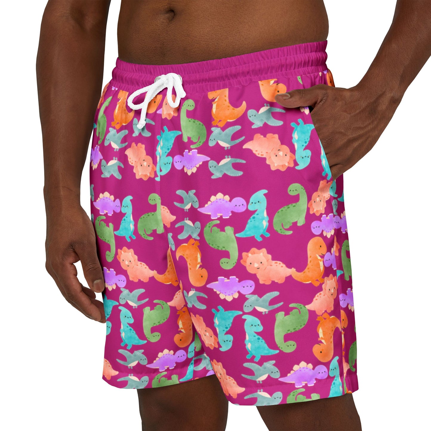 Vibrant Dino Unisex Swim Shorts Beachwear Summer Swimwear Vacation Essentials Pool Party Mens Swim Trunks Unique Design Rainbow Dinos Pink