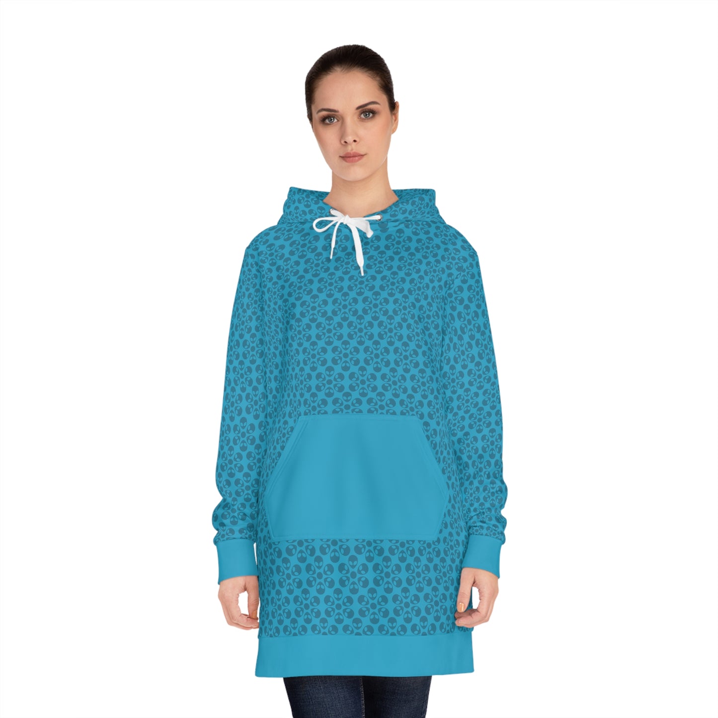 Womens Hoodie Dress Alien Flowers Turquoise