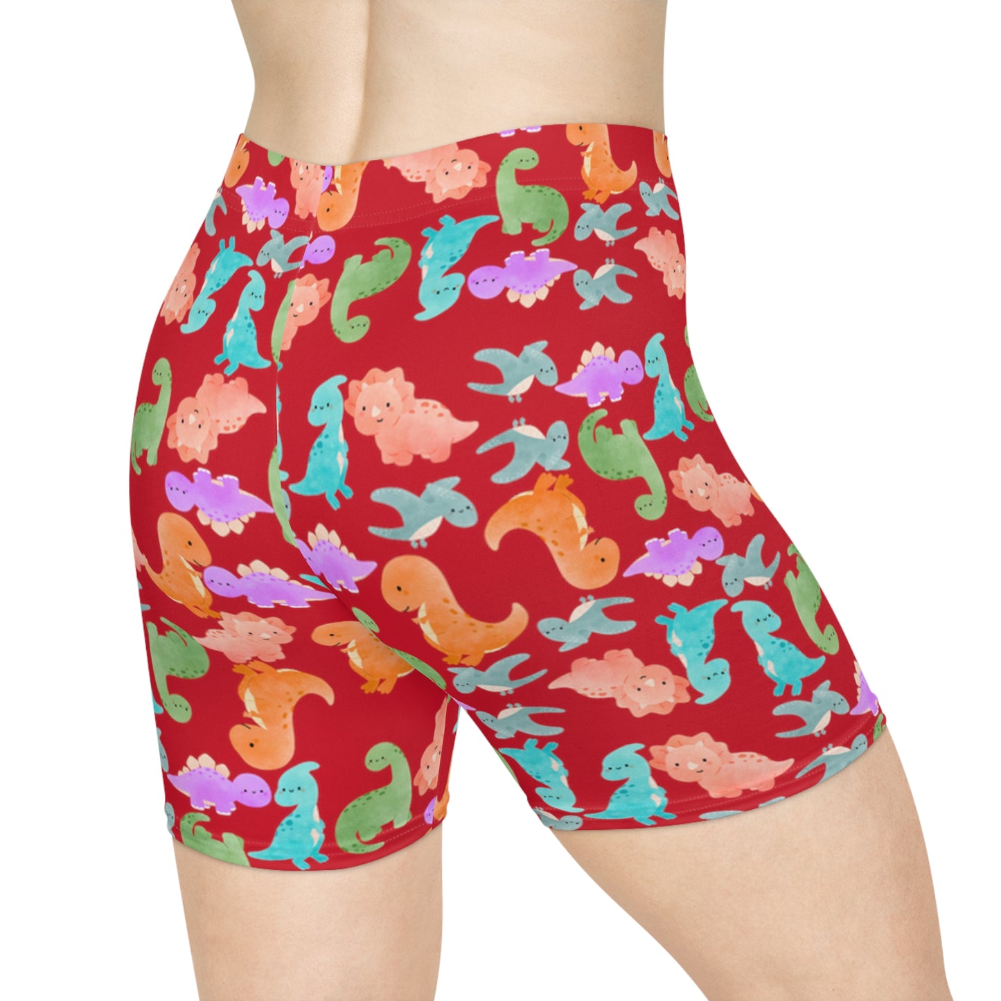 Colorful Dinosaur Womens Biker Shorts  AOP Perfect for Casual Wear workout Summer Birthdays Playdates Unique Gift Rainbow Dinos Dark Red