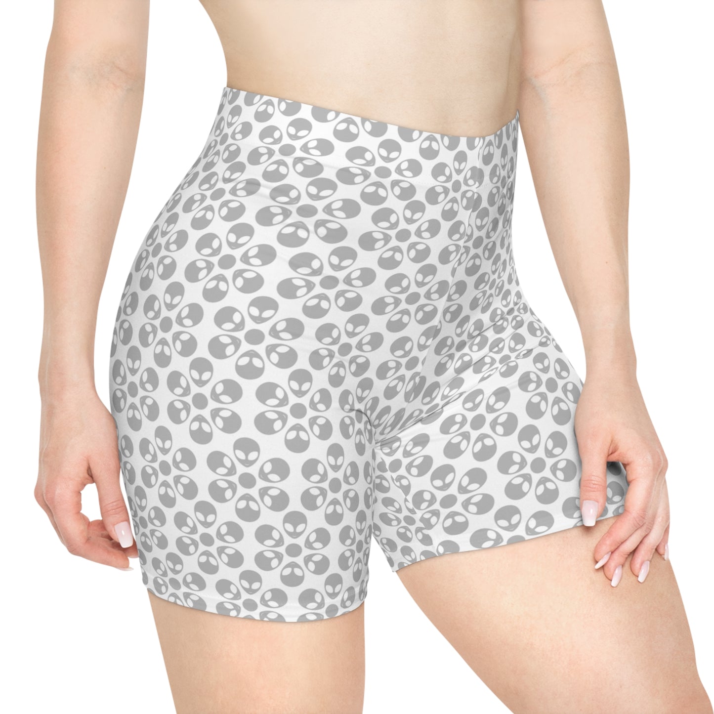Womens Alien Pattern Biker Shorts Trendy Activewear Casual Cycling Shorts Festival Outfit Summer Essentials Alien Flowers White