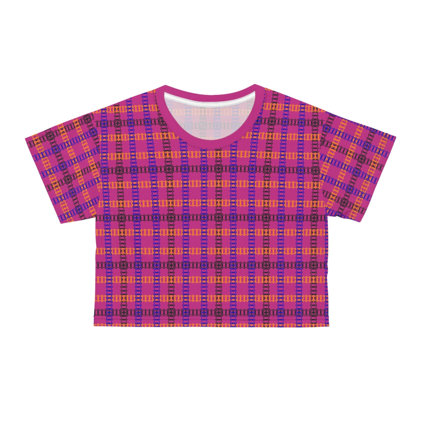 Trendy Patterned Crop Tee Casual Summer Top Gift for Her Festival Wear Stylish Weekend Outfits Train Tracks Pink