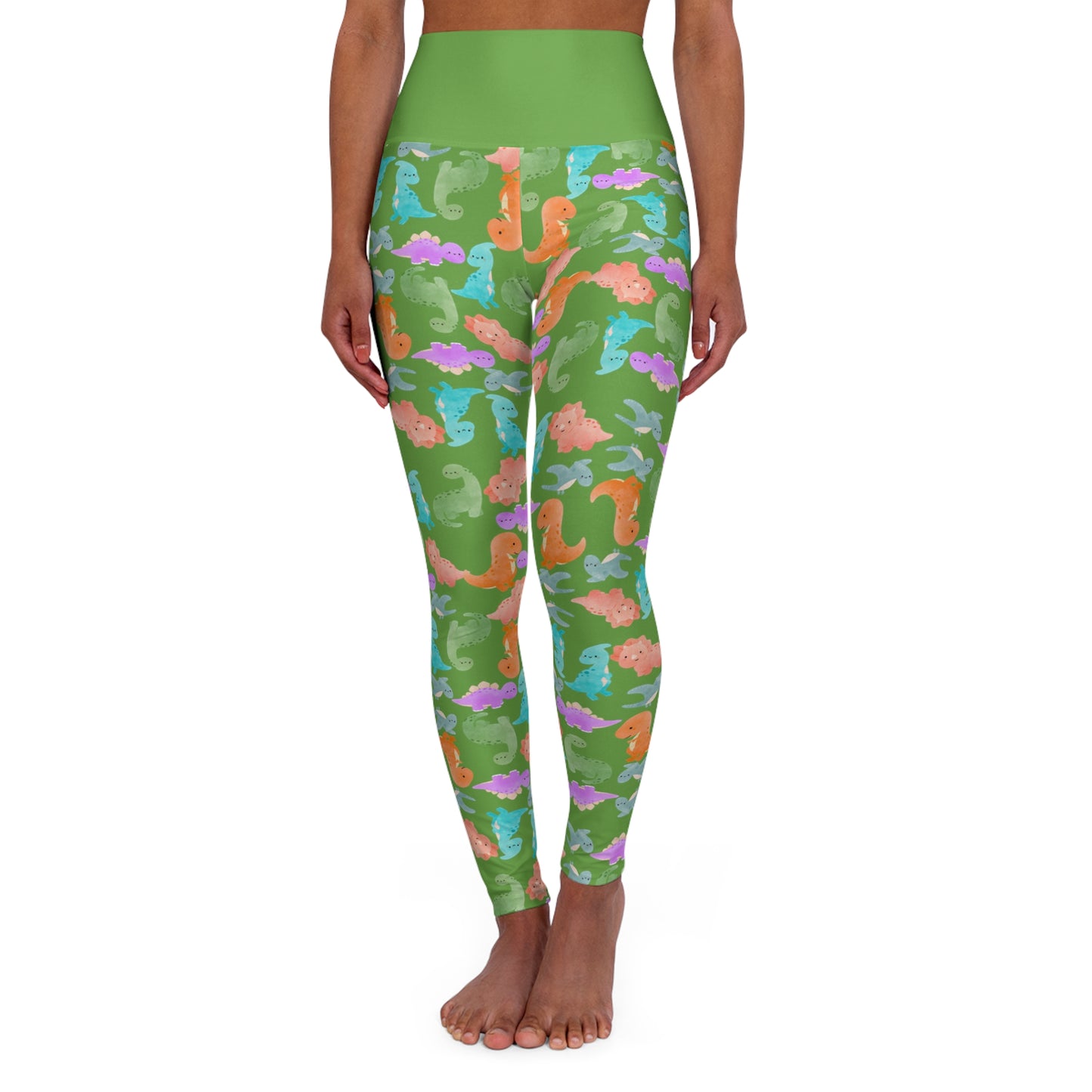 Whimsical Dinosaur Print Yoga Leggings High Waisted Fitness Leggings Party Wear Cute Workout Pants Trendy Sports Leggings Gifts for Her Rainbow Dinos Green