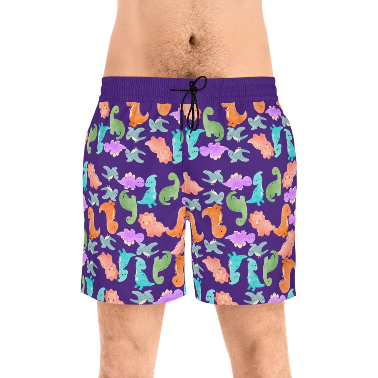 Colorful Dino Swim Shorts for Men | Beachwear Summer Fun Pool Parties Vacation Essentials Nautical Style Rainbow Dinos Purple