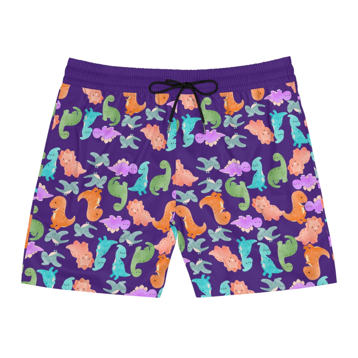 Colorful Dino Swim Shorts for Men | Beachwear Summer Fun Pool Parties Vacation Essentials Nautical Style Rainbow Dinos Purple